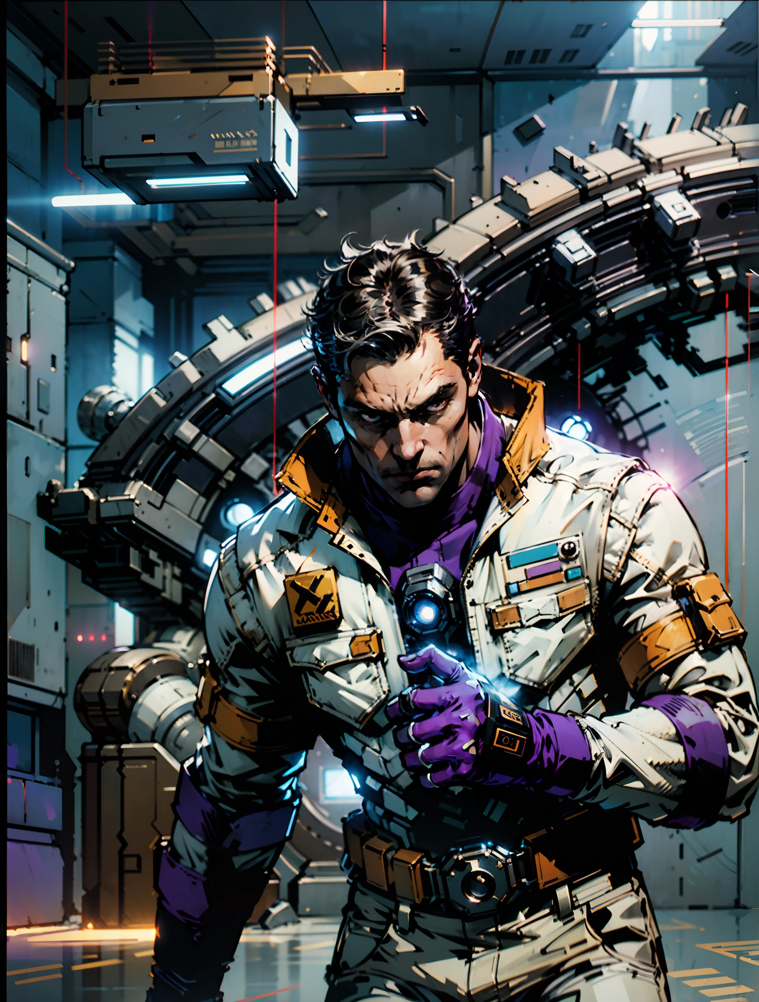 A man with a crew cut, a calm and rational expression, a wise gaze, wears a futuristic scientist's coat, primarily in shades of white, accented by touches of blue and purple, matching utility pants, standing in a mysterious laboratory of an ancient and advanced civilization, with a high-tech incubation tank emitting a faint glow in the background, this character embodies a finely crafted a futuristic sci-fi scientist in anime style, characterized by an exquisite and mature manga illustration art style, high definition, best quality, highres, ultra-detailed, ultra-fine painting, extremely delicate, professional, anatomically correct, symmetrical face, extremely detailed eyes and face, high quality eyes, creativity, RAW photo, UHD, 8k, Natural light, cinematic lighting, masterpiece:1.5