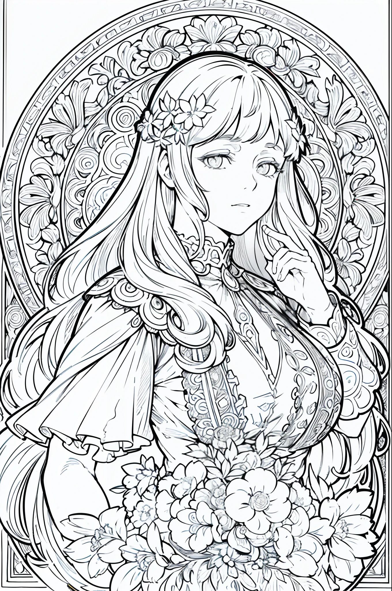 European women's face portrait, long curly hair, blonde, floral frame, decorative panel, abstract
Art by Alphonse Mucha, sketch, character lines and scenes without colors and shadows.
(Masterpiece, Best Quality, Highres:1.4), Detailed, Intricate Details, 4K, color splashes, line art, fibonacci,