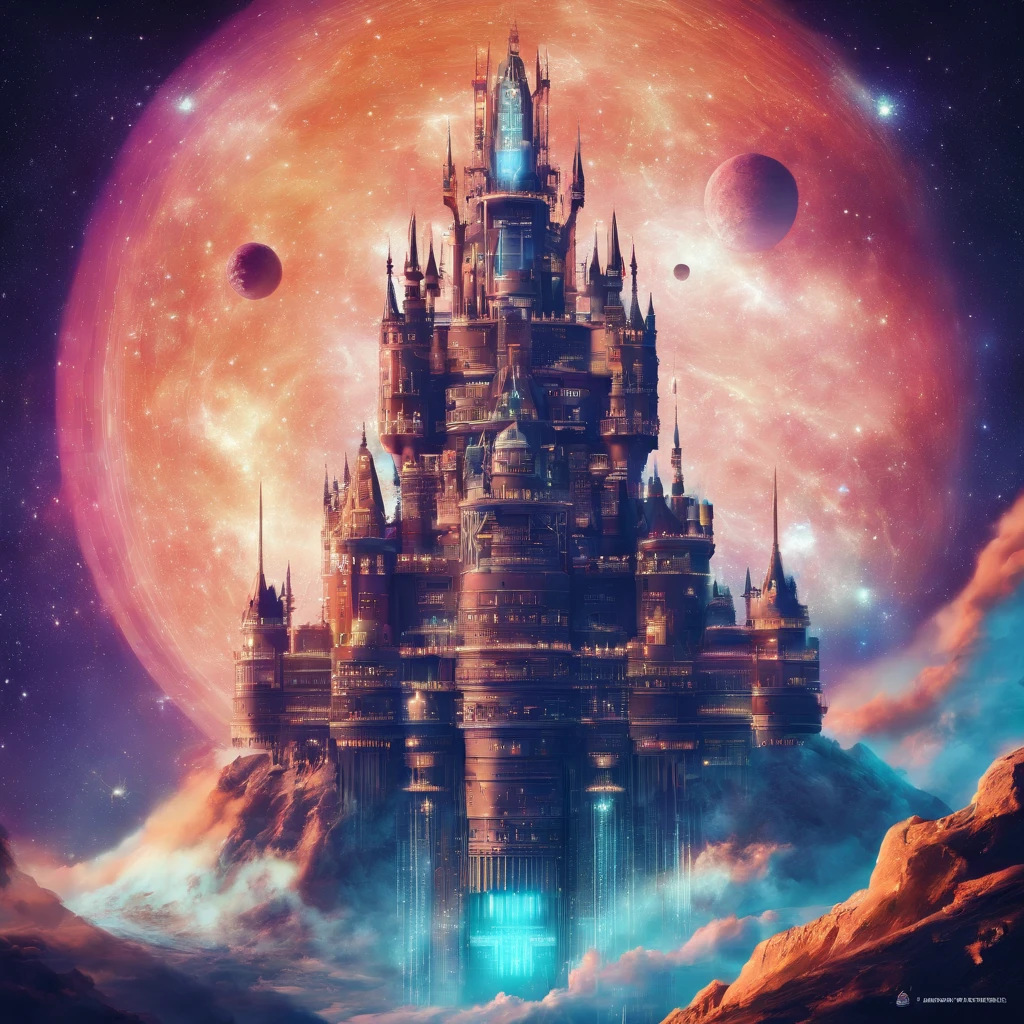 A futuristic world of science fiction, This huge castle in space has no concept of going up or down. An upside-down castle, uma fortaleza espacial, uma porta espacial, um aglomerado gigante de antenas, (best quality), (master part:1.3), no ground, outer space, Space opera, Rodas gigantes, Engrenagens, weightlessness, Dutch angles,