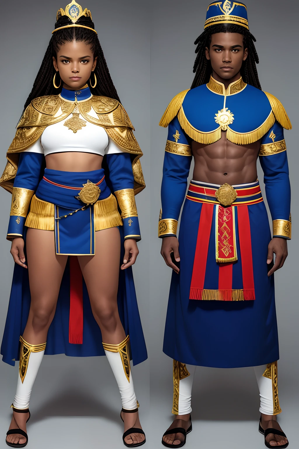 personagem masculino da bandeira de Cabo Verde. The top is deep blue, simbolizando o oceano que cerca as ilhas. The chest and the central part are white, representando a paz e a unidade do povo cabo-verdiano. The sleeves and legs are red, denoting determination and spirit, do 10 Estrelas Douradas, : Ten gold stars are prominently displayed at the top of the costume, ao longo do peito e ombros, representando as 10 principais ilhas de Cabo Verde. Cada estrela, It is carefully detailed and shines brightly against the background Star Belt A wide belt, also golden, is used in Tribal Details, O traje incorpora elementos tribais discretos em seu design, referencing the cultural heritage of Cape Verde ,Estilo Art Vista de Corpo Inteiro, plano completo, vista frontal, Vista lateral, vista traseira, de personagem, Multiple views and poses, various points of view, um personagem, corpo inteiro, personagem com menos, estilo de roupa, no mesmo Estilo de cabelo, less Type of footwear, strong full-body vision, plano completo, vista frontal, vista traseira, design de personagem, Multiple views and poses, various points of view, de um personagem, corpo inteiro,, personagem com mesmo, estilo de roupa, no mesmo Estilo de cabelo, same Type of footwear