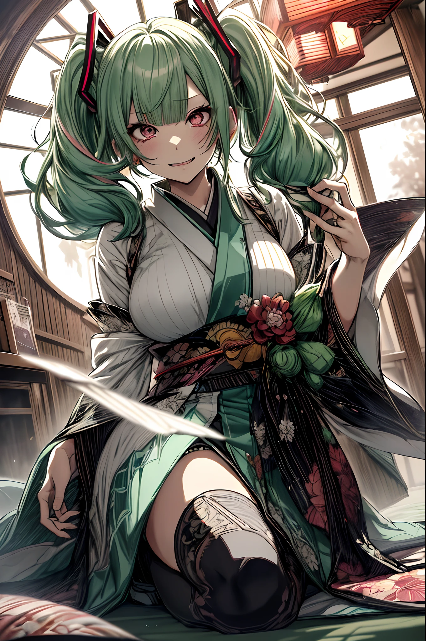 Holding a guitar、Full body、Japanese dress、Kimono Dresses、long、miku hatsune、Green hair、Twin-tailed、Ahegao ( Silly / Sexual ecstasy)、Cross-eyed、Stranger、View other people、Blunt bangs、 over-kneehighs,Ahegao , Silly,Sexual ecstasy,Drunken eyes,Blunt bangs, Green hair,(masutepiece:1.2, Best Quality), (finely detailed beautiful eye: 1.2), (Detailed background,Dark Fantasy), (beautifull detailed face), High contrast, (Best Illumination, extremely delicate and beautiful), ((Cinematic Light)), Colorful, Hyper Detail, Dramatic light, Intricate details,