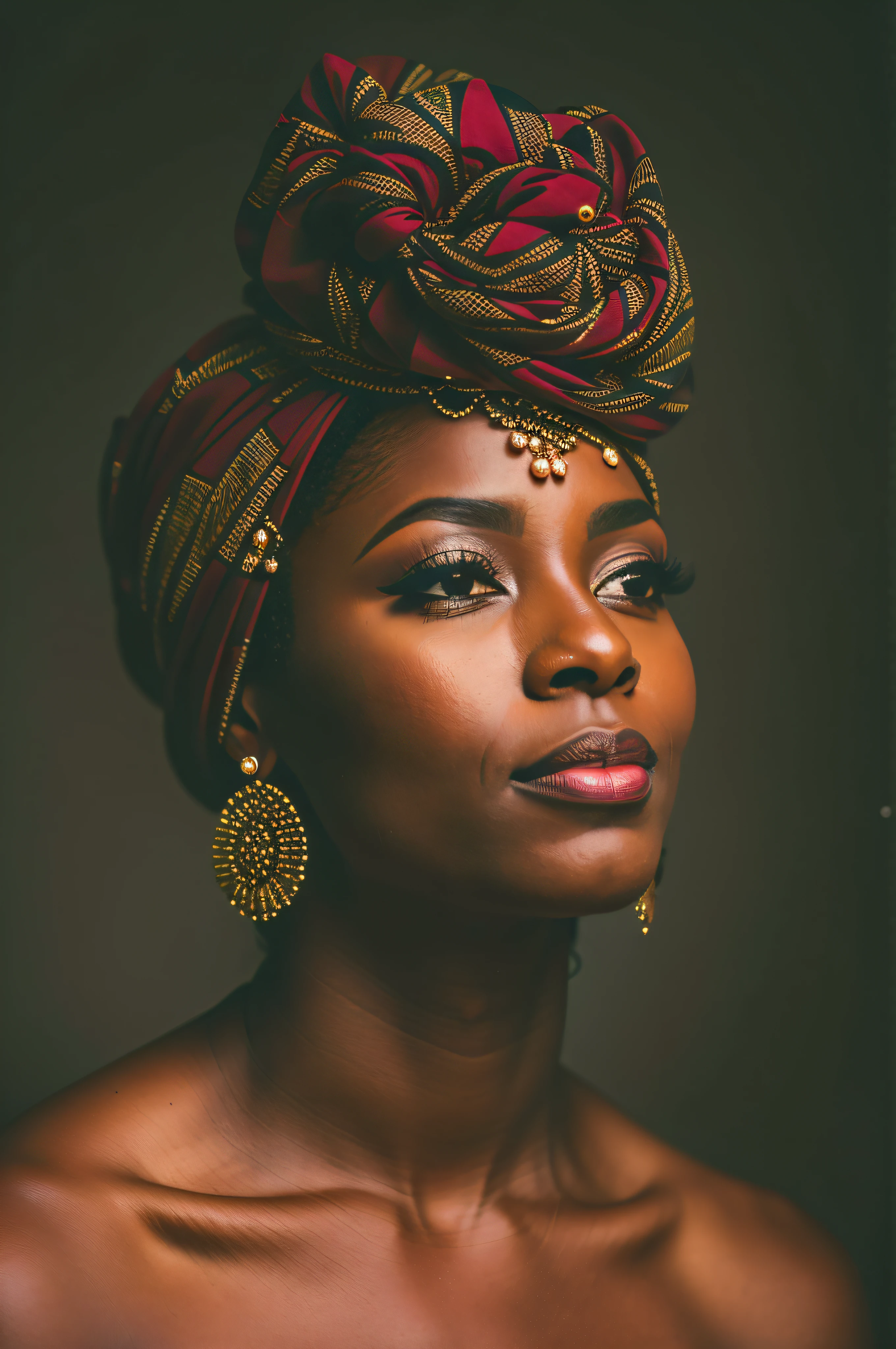 A woman with a headdress and a turban on her head, African woman, Photo of a black woman, African queen, Stunning African princess, High quality portrait, Beautiful portrait, African princess, Portrait of Ororo Munroe, Maria Borges, Traditional beauty, Dramatic portrait of Namenlos, Traditional makeup, Stunning portrait, African, Afrocentric mysticism, vibrant colors, 8k, maximum resolution