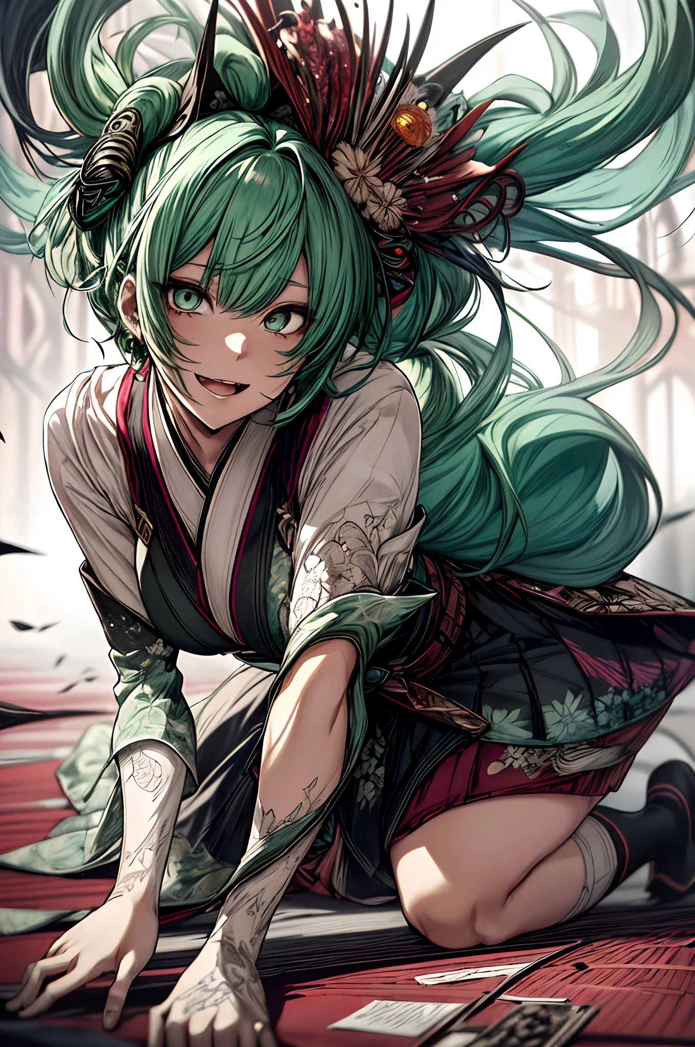 Full body、Japanese dress、Kimono Dresses、long、miku hatsune、Green hair、Twin-tailed、Ahegao ( Silly / Sexual ecstasy)、Cross-eyed、Stranger、View other people、Blunt bangs、 over-kneehighs,Ahegao , Silly,Sexual ecstasy,Drunken eyes,Blunt bangs, Green hair,(masutepiece:1.2, Best Quality), (finely detailed beautiful eye: 1.2), (Detailed background,Dark Fantasy), (beautifull detailed face), High contrast, (Best Illumination, extremely delicate and beautiful), ((Cinematic Light)), Colorful, Hyper Detail, Dramatic light, Intricate details,
