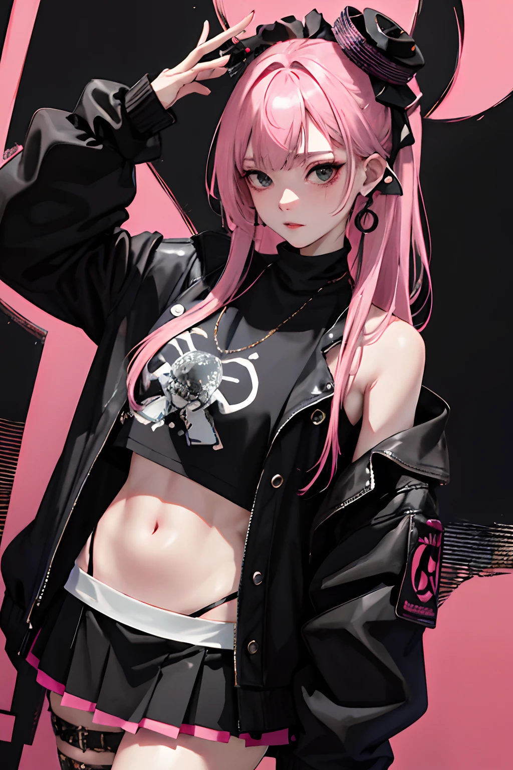 1 boy, anime, high quality, intricate details, futuristic, androgynous, black hair, magenta eyes, straight bangs, effeminate, moles, smirk, blushing, pink cropped top, Japanese aesthetic, hair clips, fang, long eyelashes, host club setting, thigh highs, pink aesthetic, black aesthetic, confident pose, low pigtails, pink nails, piercings, tattoos, thigh tattoo, belly button piercing, flower hairpin, streetwear, short shorts, laughing expression, smug, flat chest, city setting, curvy, blush, smirking, choker, plush thighs, bracelets, city, bows, cellphone, earrings