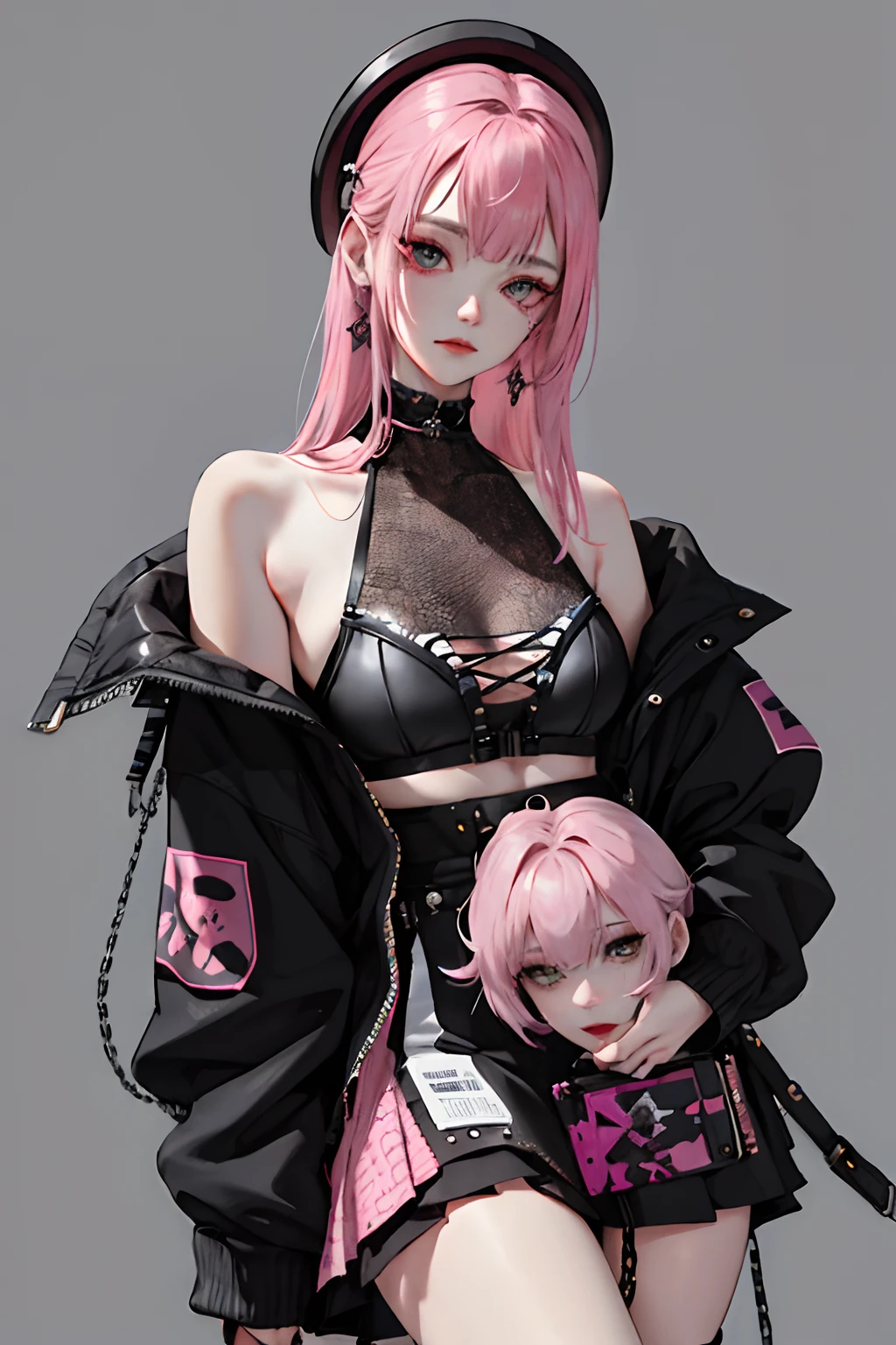 (masuter piece:1.2、top-quality)、(Live action、Intricate details)、(1lady、独奏、The upper part of the body、Colossal tits) garments: Edgy、Black jumper、Pink mini skirt、Avant-garde、Experimental appearance: Long pink hair、Dramatic makeup、Unconventional fashion choices behavior: Rebel、Runaway Ladies Leader、secretary-general、Black jumper、Pink mini skirt、Anti-system、Provocative Location: urban art district、Underground Music Scene Hobbies: Bad girl、Create mixed media art、Experiment with different subcultures values: individuality、authenticity、Creative Expression Inspiration: Runaway Ladies Leader、secretary-general、Counterculture icons、Nature: boldness、Unconventional。