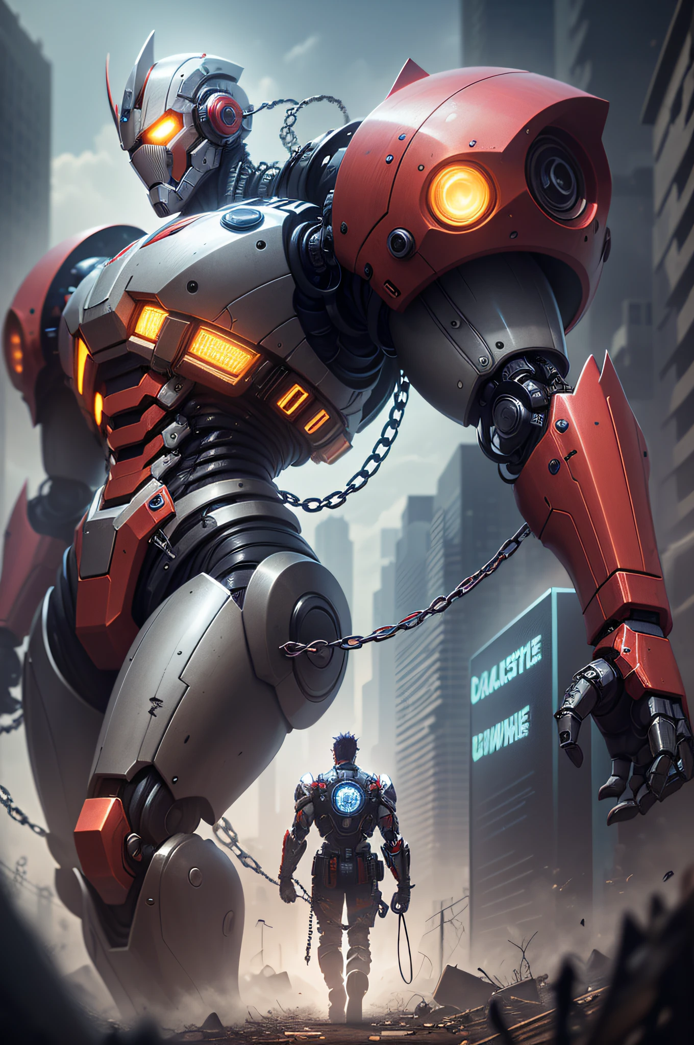 Dark, Fantasy, Cyberpunk, glowing, octaine render, (chain saw, chain saw man,Red:1.1),1man, Mechanical marvel, Robotic presence, Cybernetic guardian,