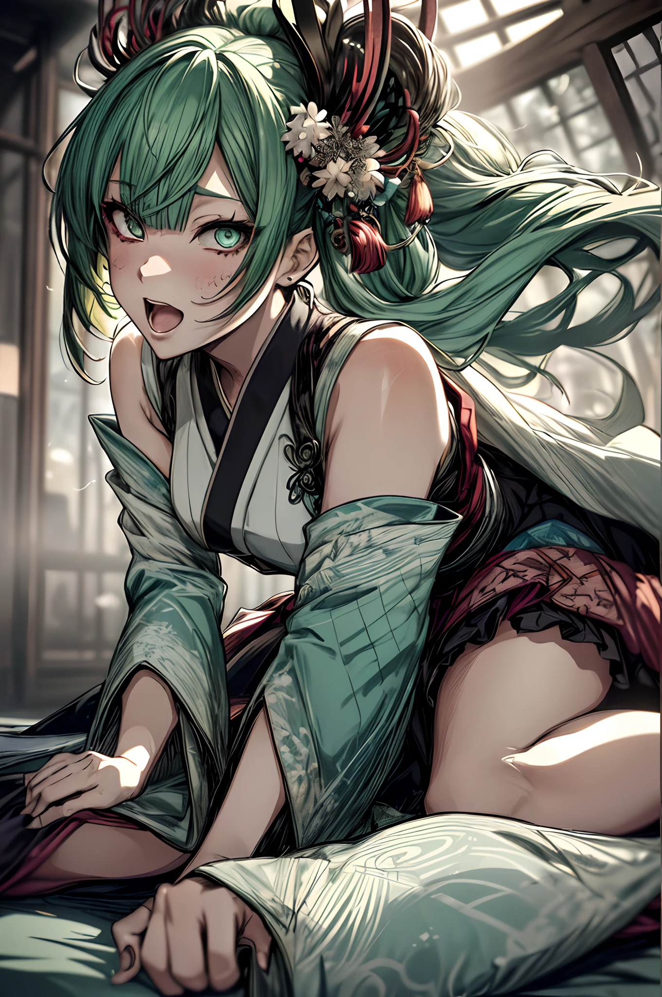 In a secluded garden at twilight, a goddess reclines on a bed of flowers, her body blending with the vibrant petals. Normal-sized onlookers approach her, entranced by the intoxicating combination of her divine beauty and the fragrant blooms surrounding her.