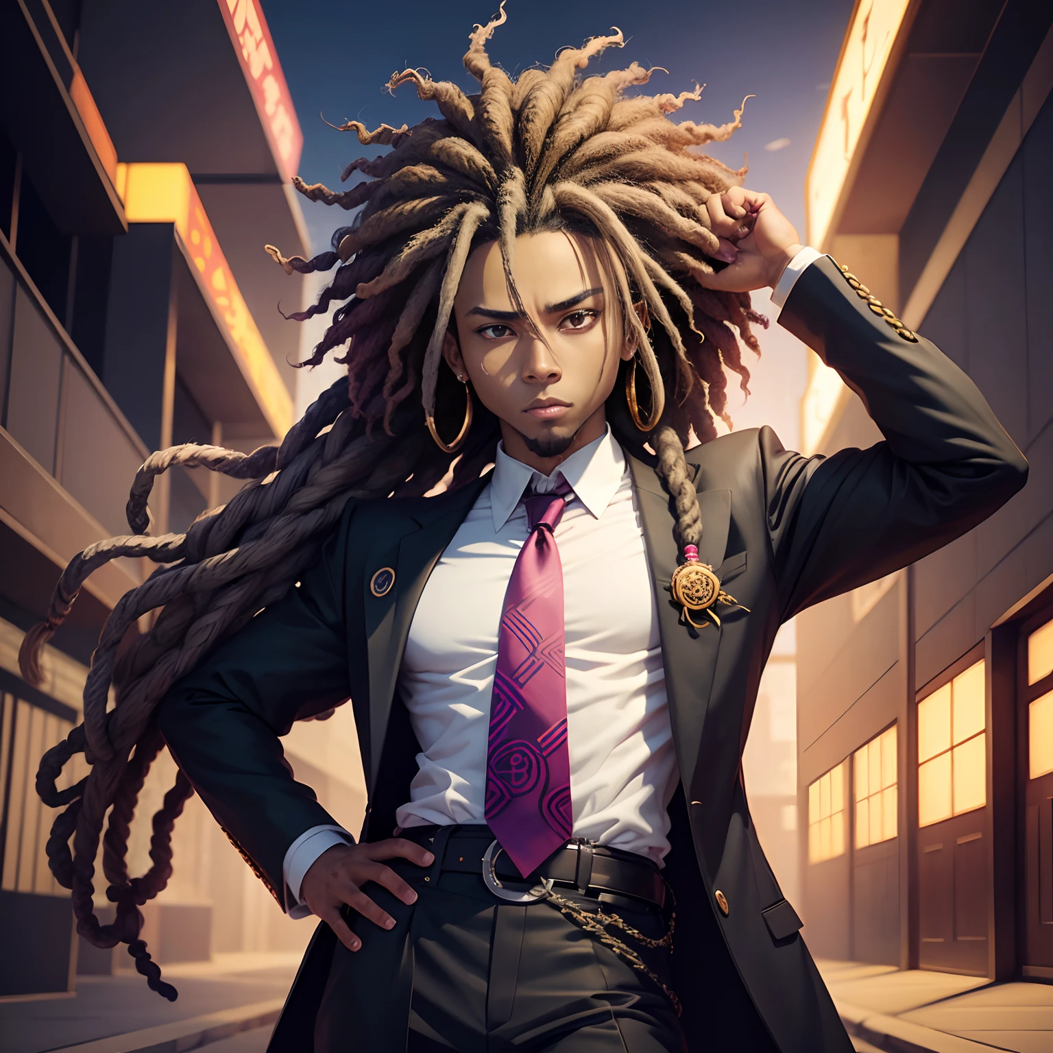 anime, a man with dreadlocks and a tie looks at the camera, as an anime character, afrofuturism anime, inspired by Okumura Masanobu, afro samurai anime style, in an anime, black anime pupils in her eyes, black anime manga girl, in the anime film, afro samurai animes style, in a anime masterpiece, young anime man