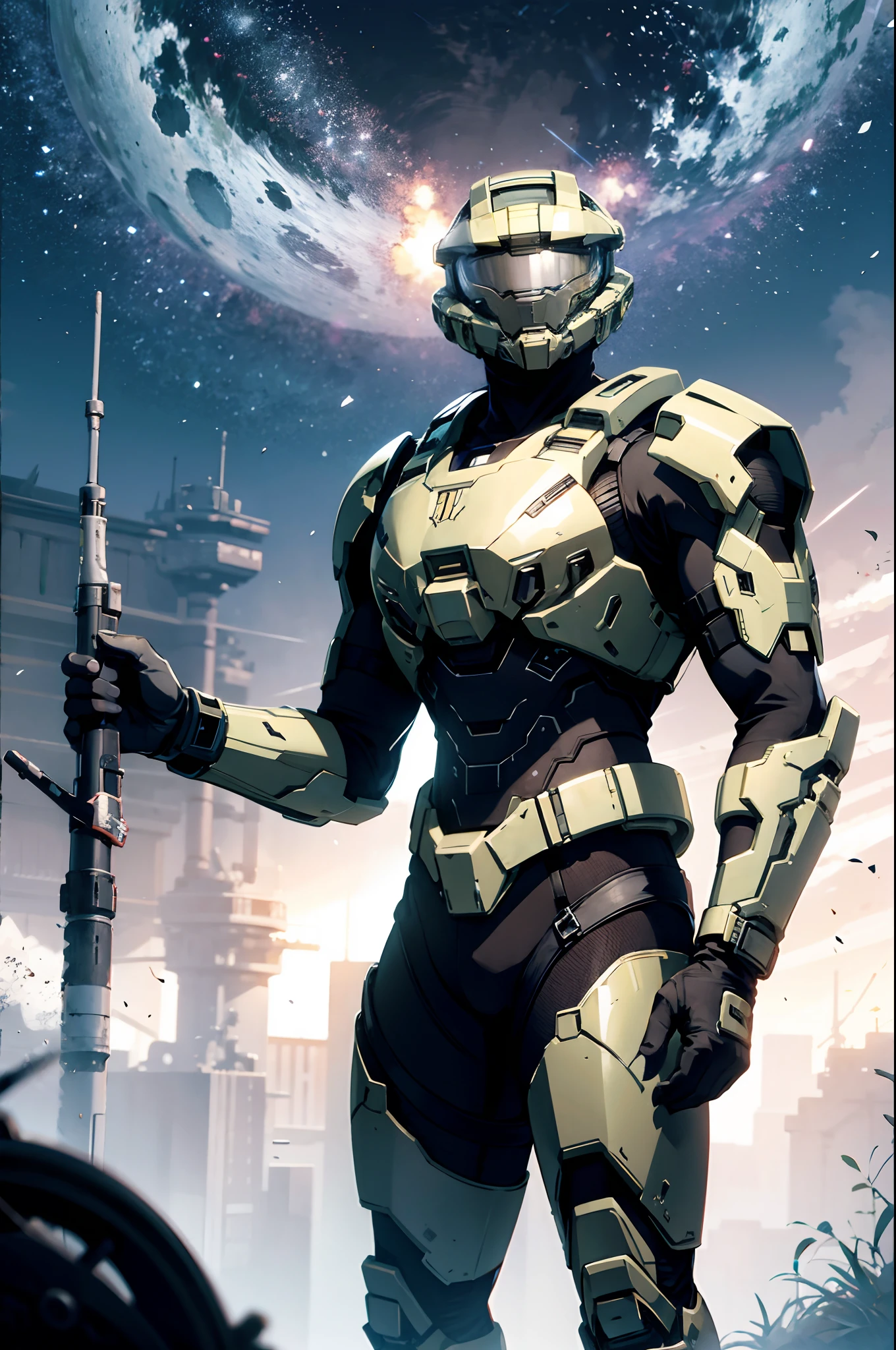 "homem com armadura de halo em uma base espacial", cor branca, armadura enferrujada:0.9, galaxy, foto profissional:1.3)
