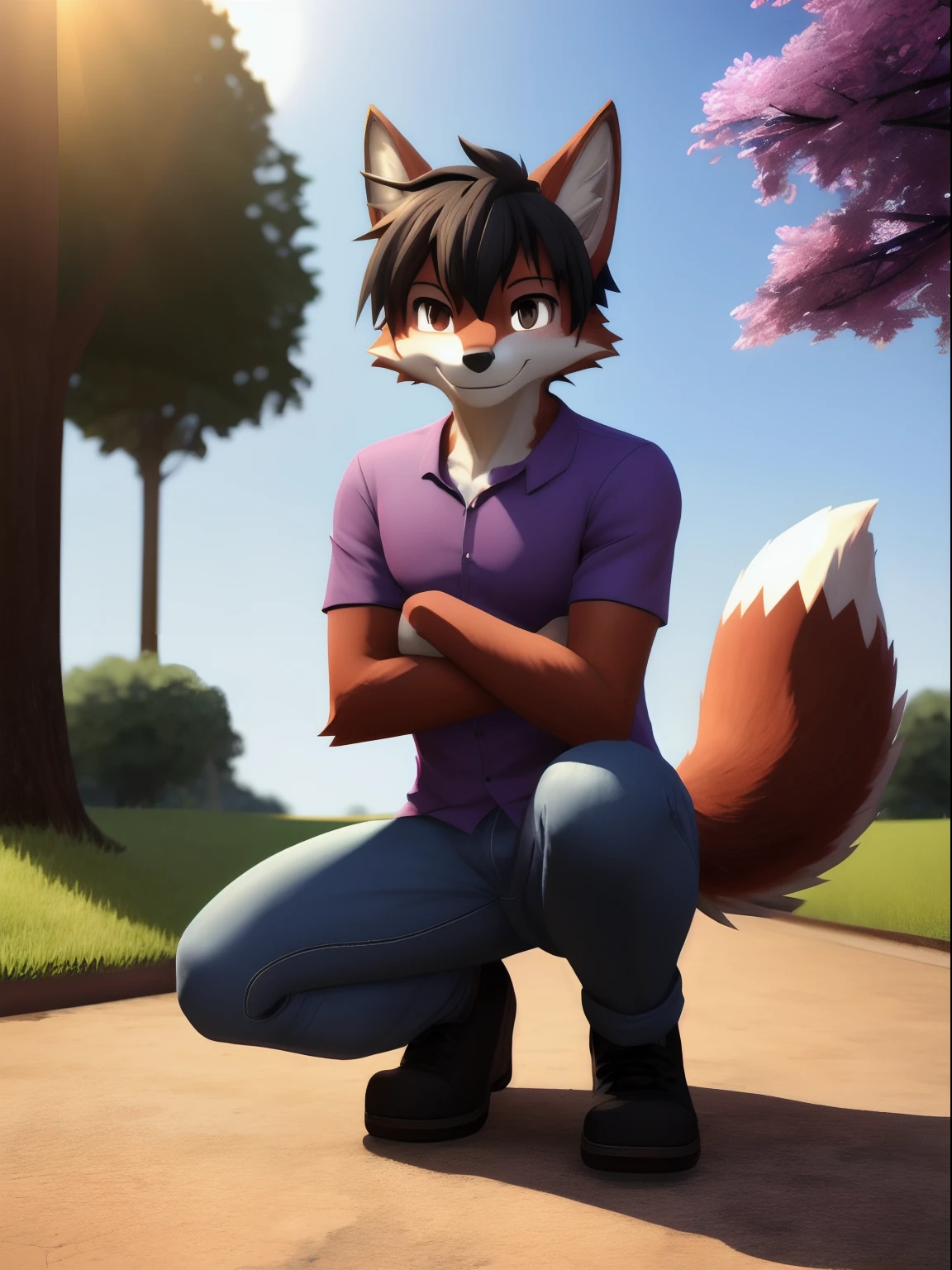masterpiece, (male red furred wolf), (short black hair), smiling, at the park, good illumination, soft shadows, detailed face, smiling, sunshine, brown eyes, detailed body, anthro, male, looking to the camera, full body, (purple shirt), (tight blue jeans), (fluffy tail), full body, crouched, anime, 3D