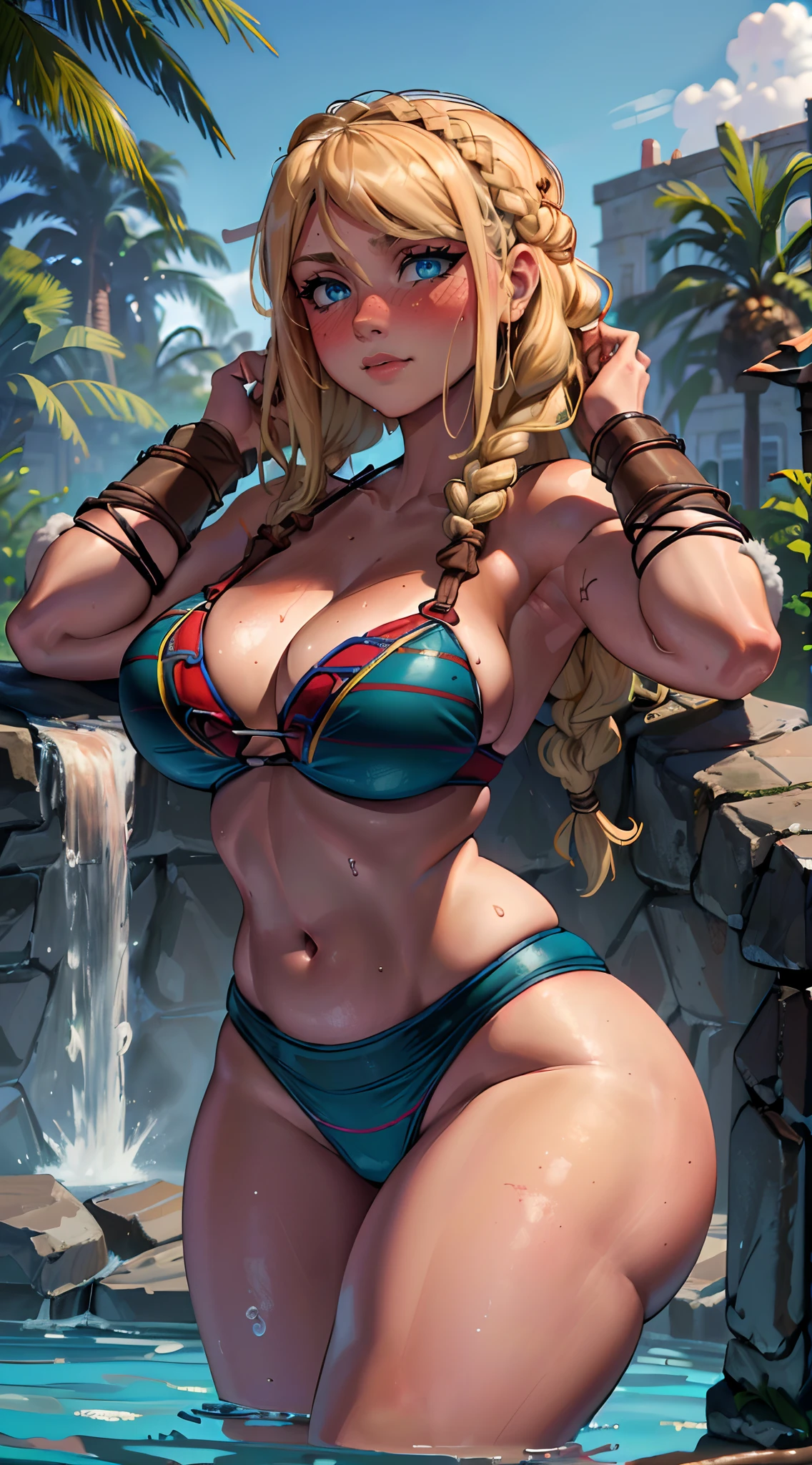 (melhor qualidade:1.3), (qualidade 4K), Astrid por How Train You're the Dragon, ((Rosto detalhado)), ((body curvy)), ((corar)), (peitos grandes), ((cara de)), clivagem, sexy, ((braids in hair)), ((piscina)), ((Sexy Viking Bikini)),