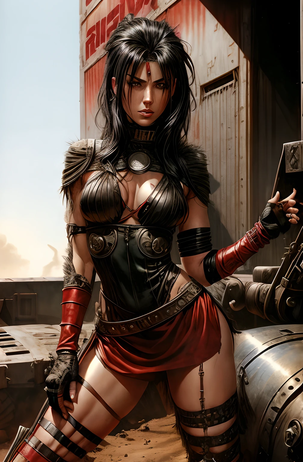 Post-apocalyptic female warrior woman (megan) in Simon Bisley style for the cover of Heavy Metal magazine, hair half black and half white, wearing teared red shirt and black fishnets, with some barb wires on her left leg thigh, scantily clad, art by Simon Bisley