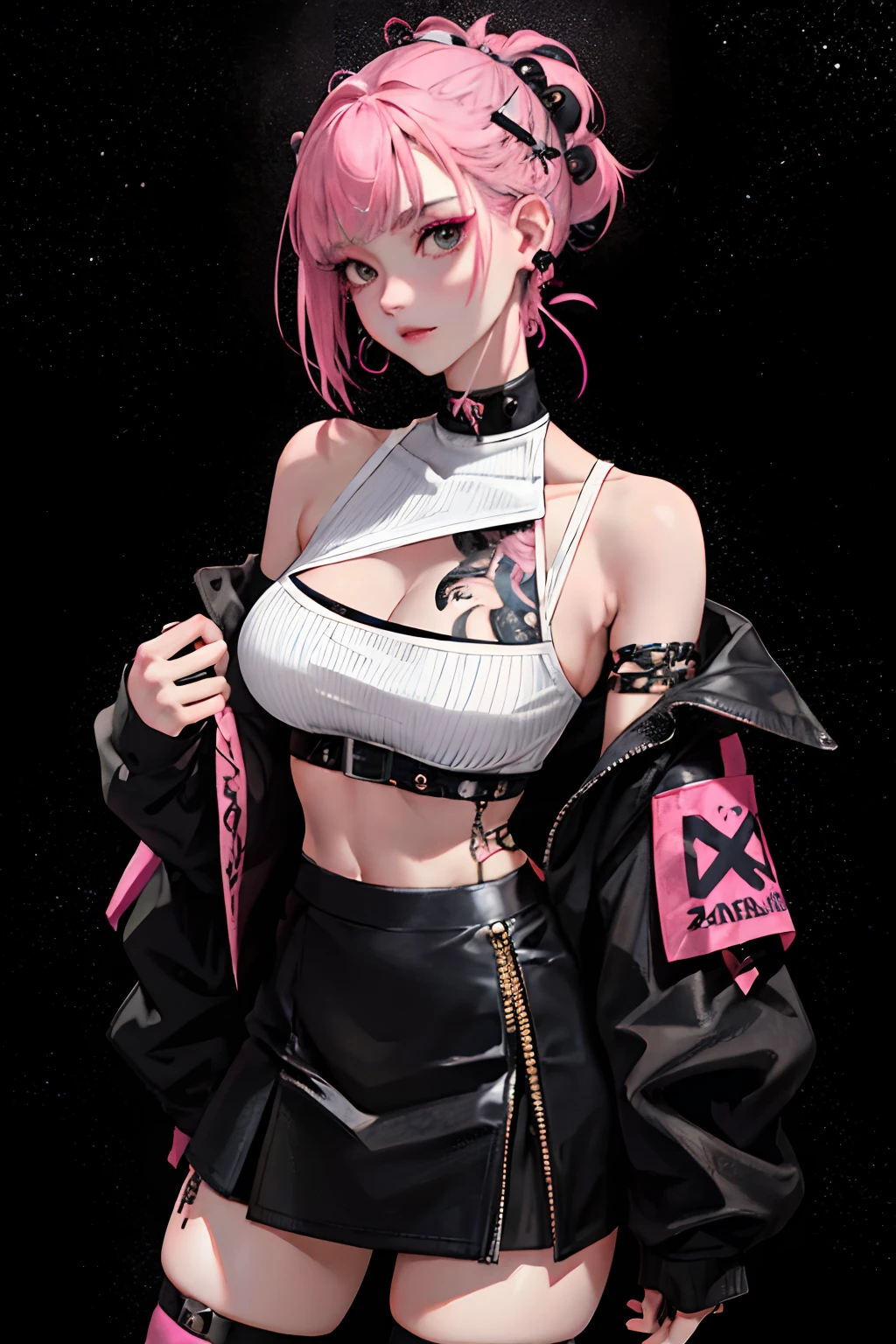 highest quality、masterpiece、8k、Realistic、超High resolution、Very delicate and beautiful、High resolution、Muscle Girl、Gal、Perfect female body、Beautiful woman、Mature Woman、Pink Hair、Curly Hair、blue eyes、Six Pack、One tattoo、Earrings、Toned body、Big Breasts、Black military uniform、Tank top、I can see your belly、Black trousers、boots、cigarette、Sexy pose、