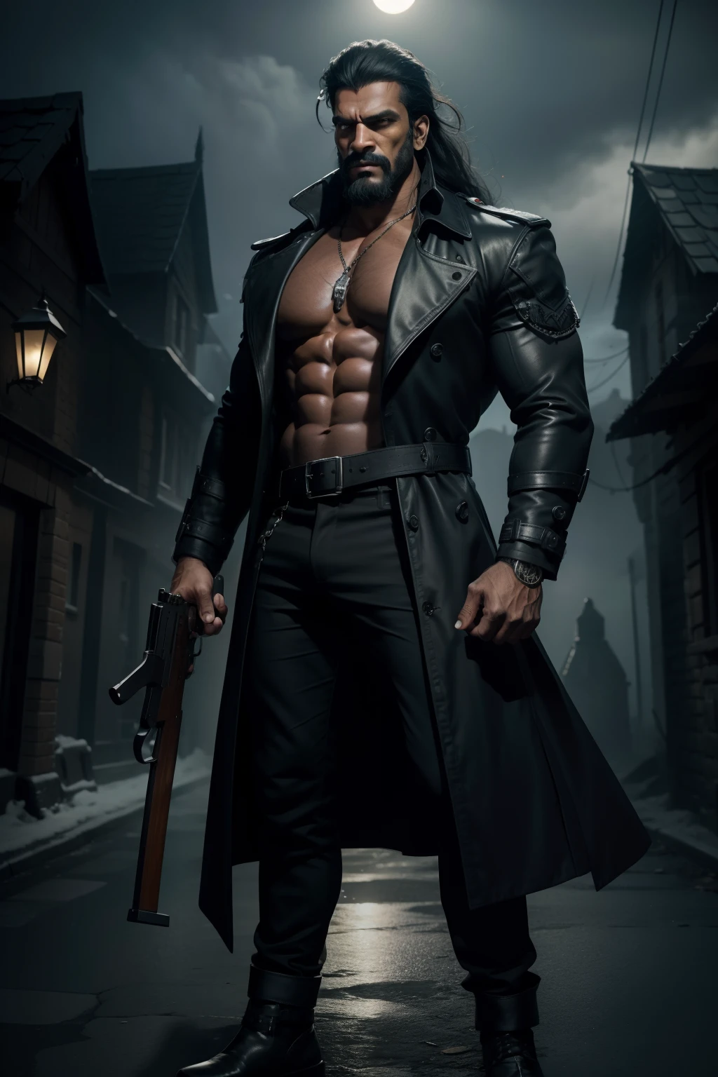 Dark gothic village in the background, old upendra from uppi2, long hair, tall and hunk, biceps, abs, chest, big black trench coat, black trousers, belt, bearded, holding a rifle, cold frowny face, video games style, high resolution:1.2, best quality, masterpiece, dark nightime, dark atmosphere, soft lighting, upper body shot