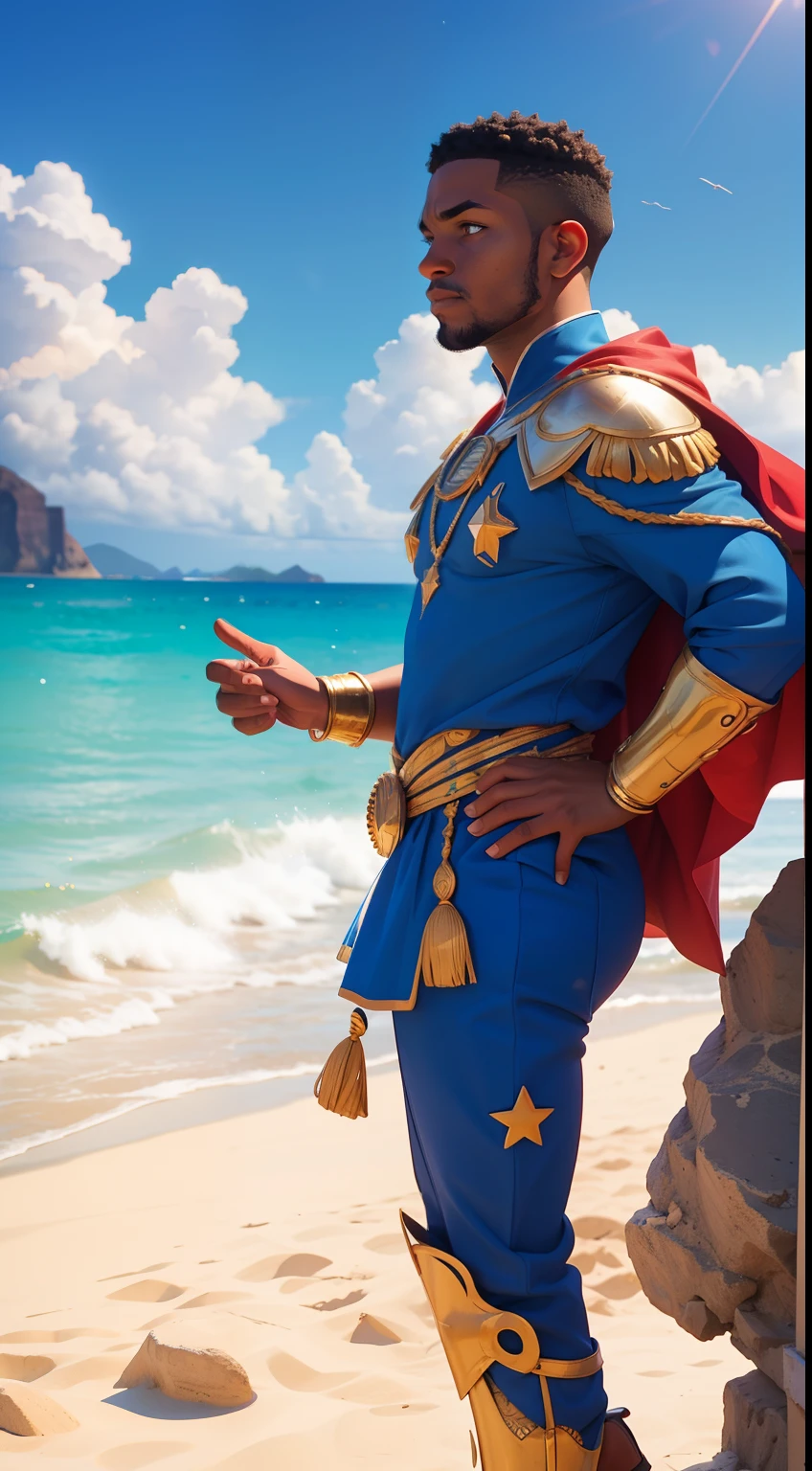 Character description: Star of Cape Verde is a hero inspired by the colors and symbols of the flag of Cape Verde. Ele personifica os valores de paz, unidade, Determination and spirit of the Cape Verdean people. His costume is a living representation of the culture and identity of the archipelago.
allure:
Cores: The top of the Cape Verde Star costume is deep blue, simbolizando o oceano que cerca as ilhas. The chest and the central part are white, representando a paz e a unidade do povo cabo-verdiano. The sleeves and legs are red, denoting determination and spirit.
Estrelas Douradas: Ten gold stars are prominently displayed at the top of the costume, ao longo do peito e ombros, representando as 10 principais ilhas de Cabo Verde. Each star is carefully detailed and shines brightly against the background.
Star Belt: Um cinto largo, also golden, is worn around the waist, incorporando elementos tribais discretos no seu design, referencing the cultural heritage of Cape Verde.
Estilo:
Vista de Corpo Inteiro: Cape Verde star is depicted in frontal view, vista lateral e vista traseira, with multiple views and poses.
Estilo de Roupa: It maintains the same style of clothing in all views, maintaining fidelity to the flag of Cape Verde.
Estilo de Cabelo: Her hair is short and stylishly combed, staying true to Cape Verdean culture.
Type of Footwear: He wears a sturdy and practical type of footwear, adequado para aventuras.
Personalidade:
Cape Verde's star is a proud hero of his roots and is dedicated to protecting the islands and their people. He is courageous, determinado e sempre busca a paz e a harmonia. Its main mission is to defend the culture and heritage of Cape Verde, Using your star powers to protect your homeland.