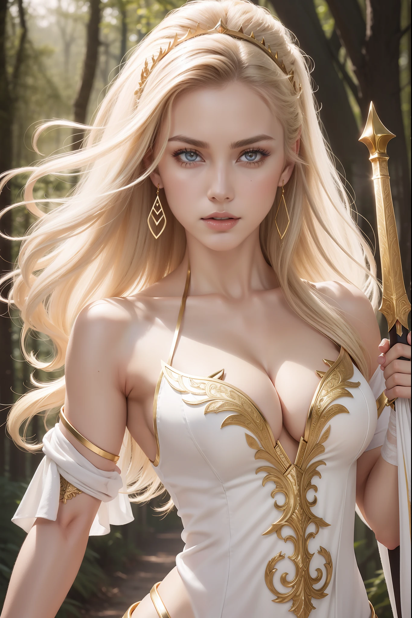 sexy She-Ra wearing a white tunic with gold pattern, outisde, forest background,  1 girl, solo, show skin, cleavage, sword , intricate details, athletic and fit body, naughty, slutty, perfect hands, detailed hands, perfect eyes, detailed eyes, dynamic pose, strong, realistic, HDR, UHD, dynamic