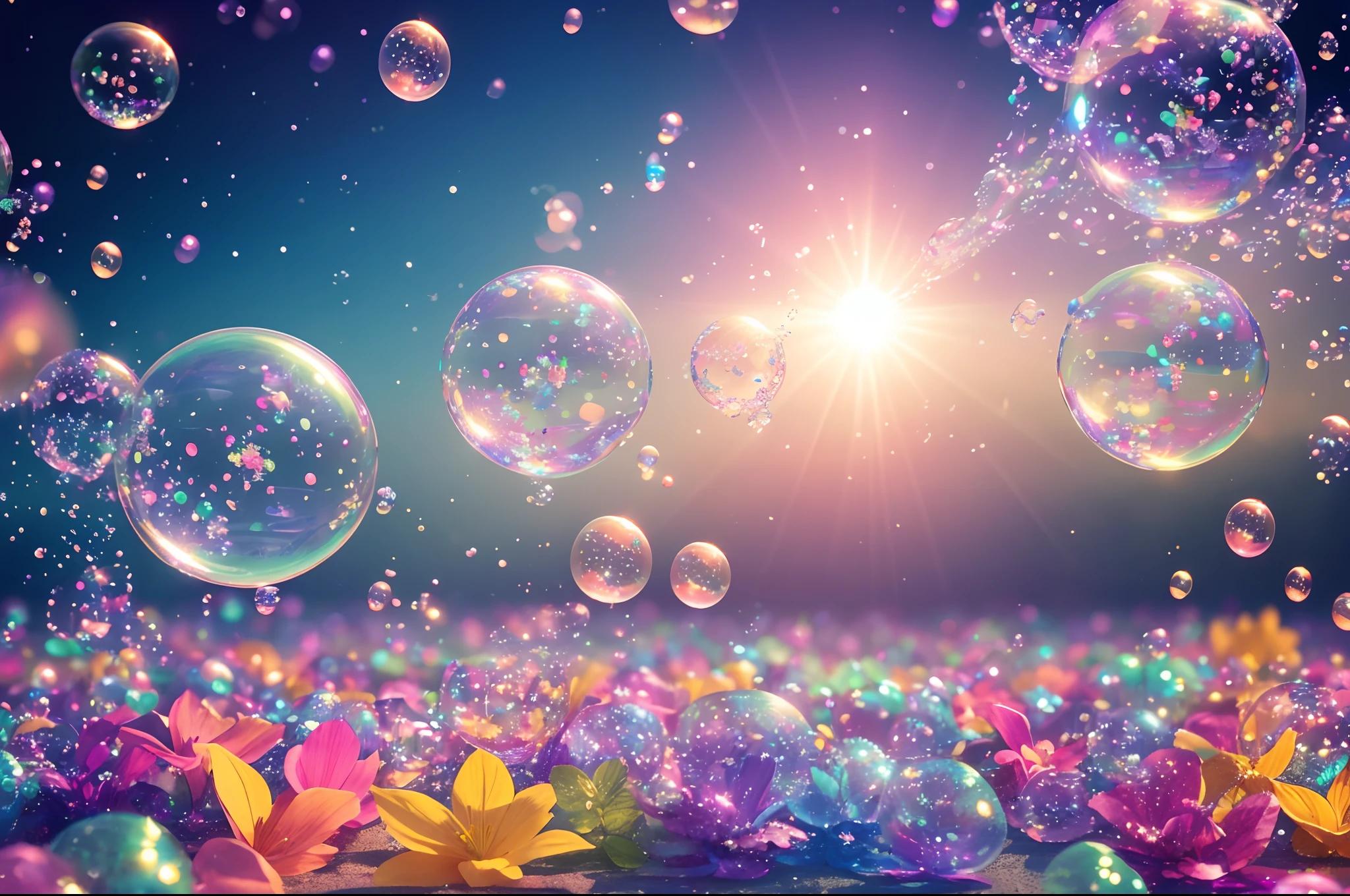 (best quality,highres:1.2),ultra-detailed,(realistic:1.37),shimmering,iridescent soap bubbles floating in a soft and dreamy background,some bubbles reflecting colorful light sources,some slightly defocused bubbles,magical sunlight streaming through the bubbles,creating a captivating scene,glowing bubbles with translucent hues dancing in the air,sparkling bubbles with delicate textures,ethereal and enchanting,magical garden filled with floating bubbles,exquisite details capturing the beauty of each bubble's surface,vibrant and vivid colors,subtle shadows adding depth to the composition,playful and whimsical atmosphere,mesmerizing bubble patterns complementing the blurred background.