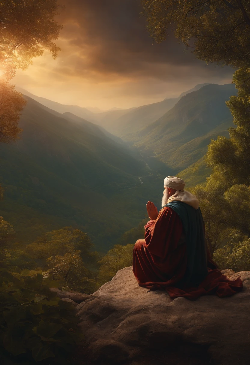 King David praying to God asking for help and pleading in an ultra realistic landscape, in 8k