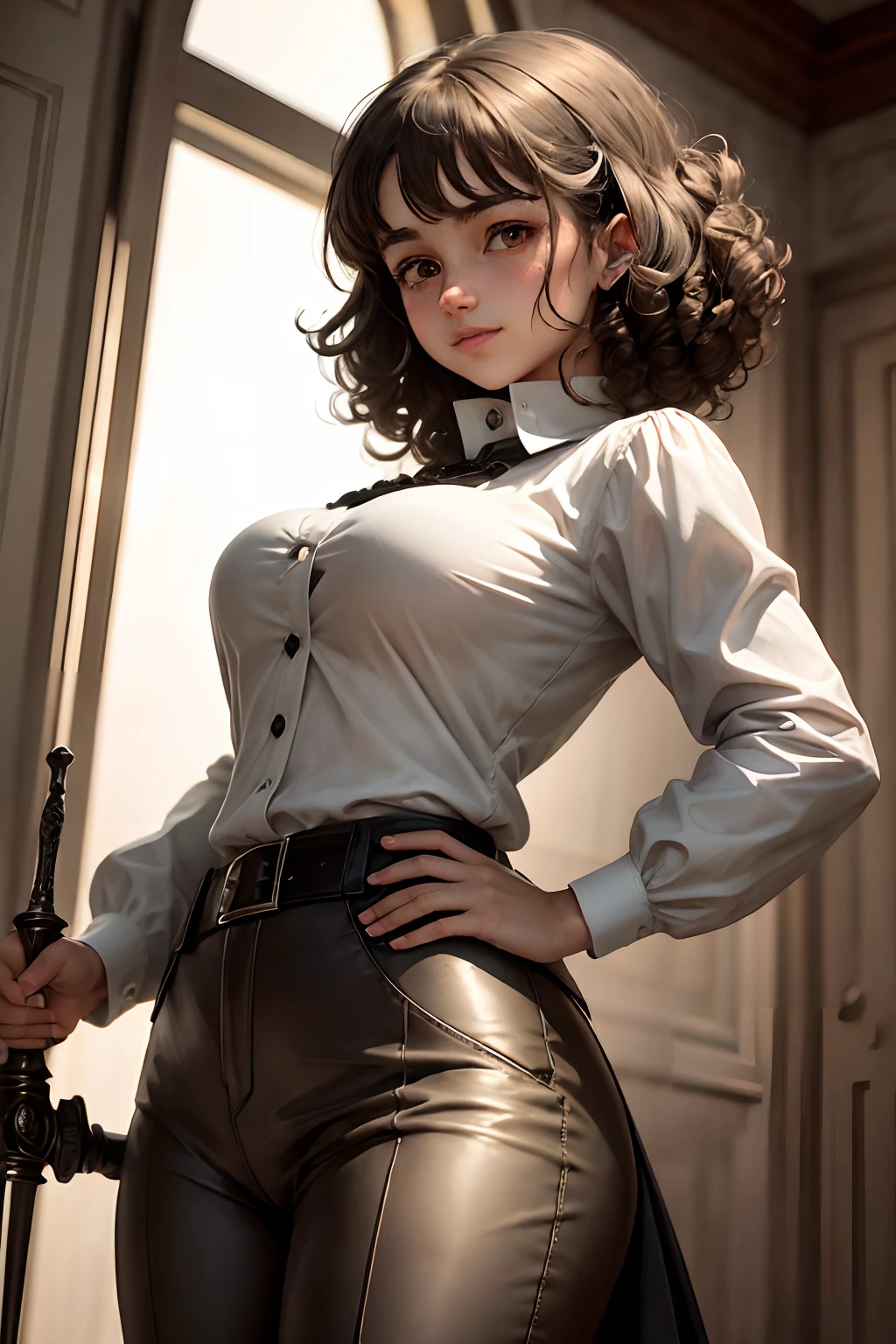 austere girl, wearing detective clothes (with a puffy blouse and
pants), wielding a silver rapier. She has gray brown hair (which is short and curly) and skin flushed by the sun, a mischievous smile on her face and defiant eyes.