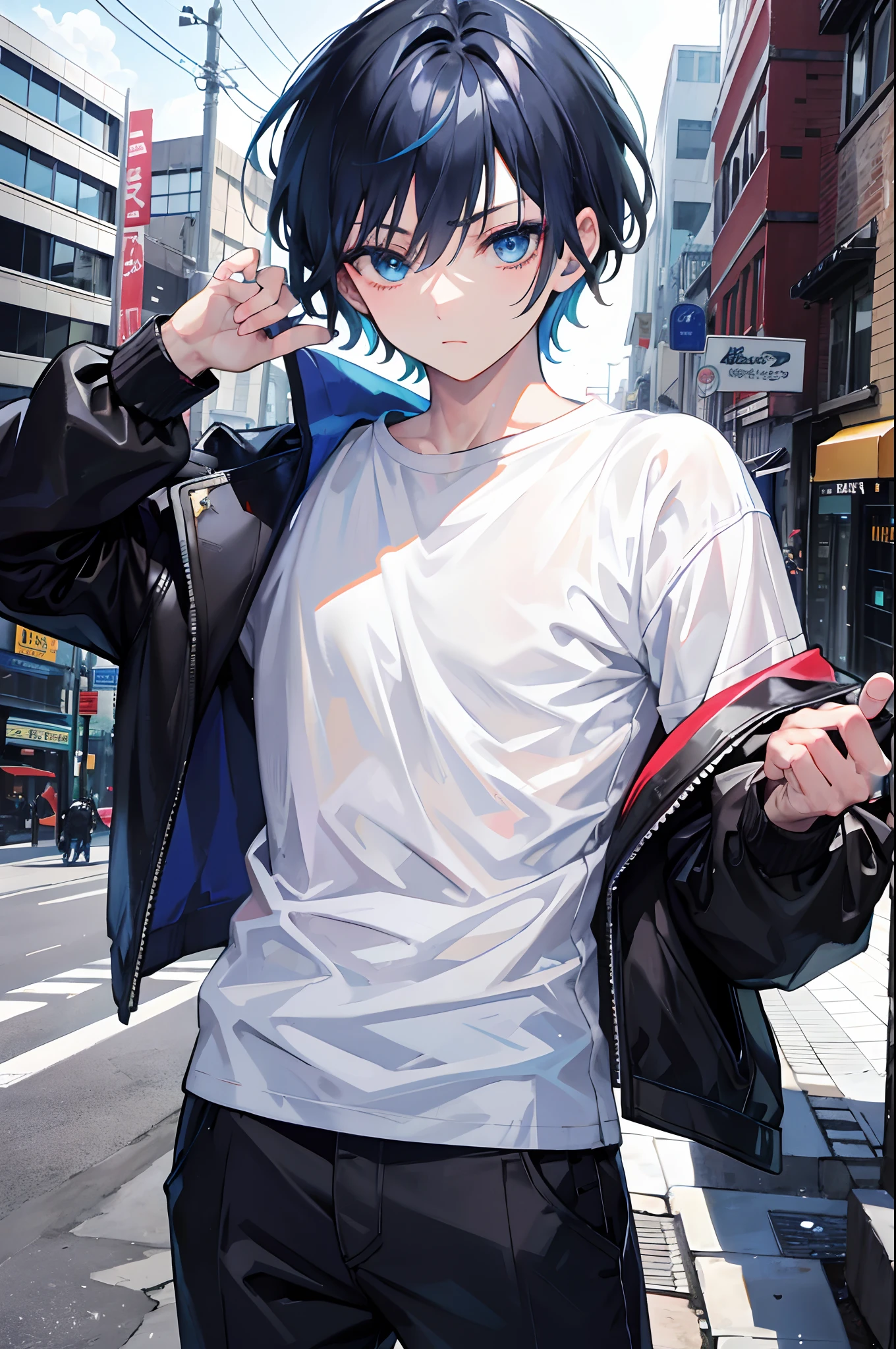 official art, ultra detailed, masterpiece, best quality, absurdres, highres, gamer boy, dual color black-blue hair, blue eyes, 1boy, urban background, casual clothes, white semi-transparent shirt, good hands, perfect face