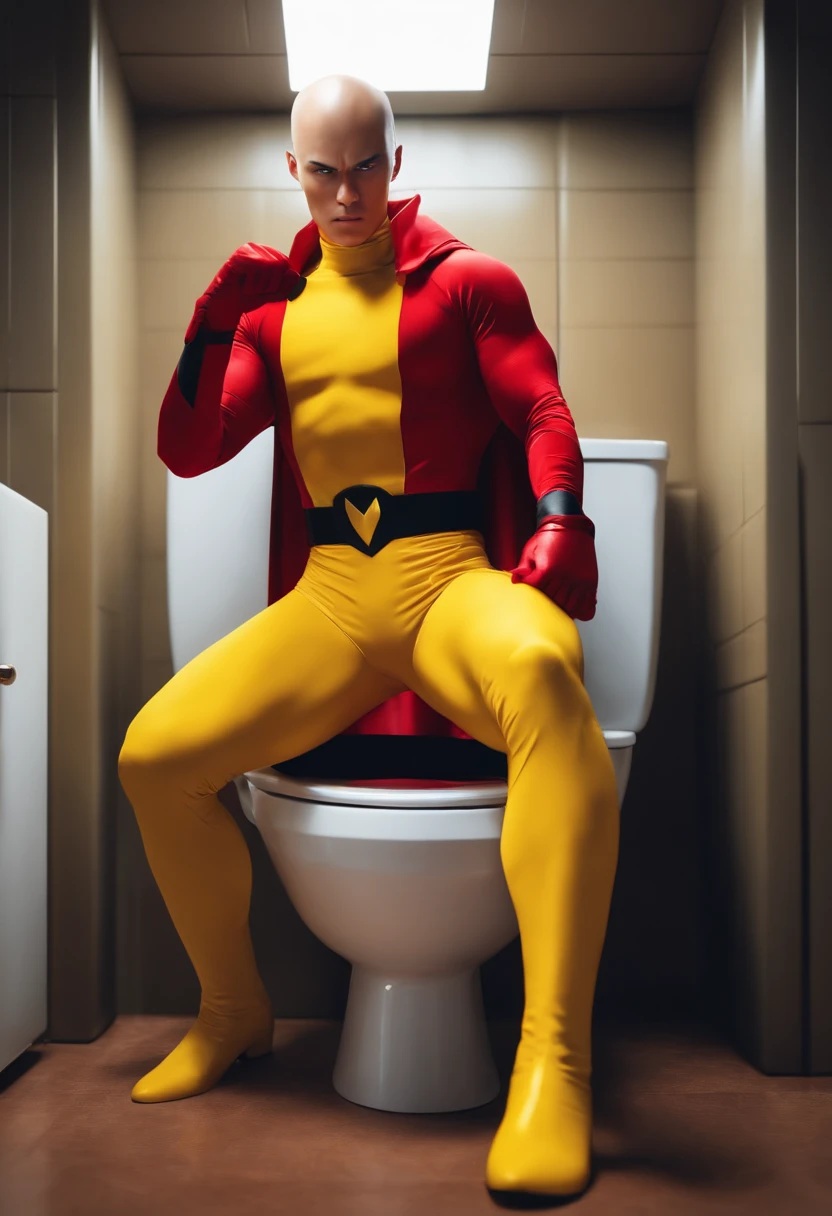Saitama, sitting on a toilet, yellow superhero outfit, red gloves and combat boots, black belt, realistic, looking directly at the camera, close up image.