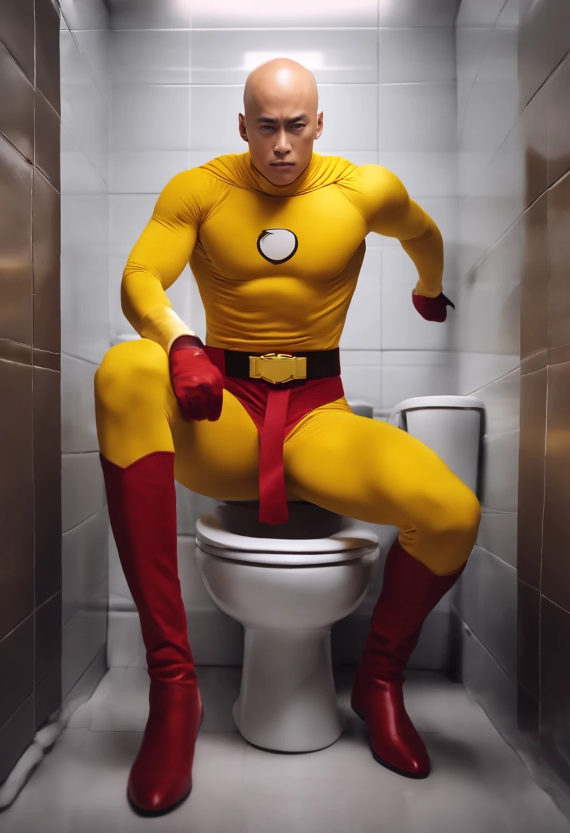 Saitama sitting on the toilet, wearing a yellow superhero outfit, white cape, black belt, red gloves and boots, looking directly at the camera, close-up image, realistic, HD, 8k