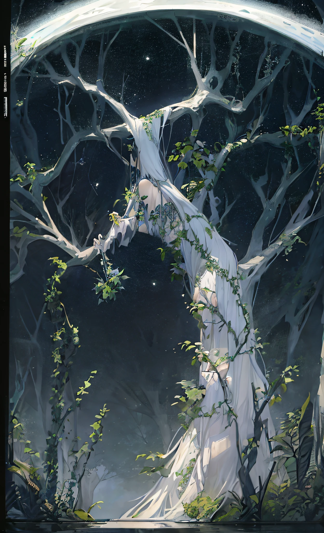 Look up,(Moon Night Fantasy Skeleton Fortress:1.4),((Skeleton Castle)),tree branch,Lots of branches,greenish tinge,green color,fog atmosphere,dark cloude,swirles,Mysterious and dark,blood vess,uncanny,fog atmosphere,dense fog,opaque,streamer,bblurry,Torn clouds,((3 moons in three colors)),Clear and detailed image quality,Engaging shots,Soft lighting,Great details,Transparent starry sky,Unique architecture,Blinking lights,Active character actions,(best qualtiy:1.4),tmasterpiece,super-fine,A detailed,acurate,depth of fields ,absurderes、A high resolution、ultra - detailed,(Unattended:1.3),Break,Create an image using a prism effect,Light refracts and creates colorful、A kaleidoscopic look。 Break , design an image with fisheye lens effect,Capture a wide field of view with a unique curved perspective。 Break,,Dappled sunlight,Tranquil natural beauty。 Break , Depict a monochrome world,Use only black、White and gray shades to convey depth、Emotional and compelling visual impact。