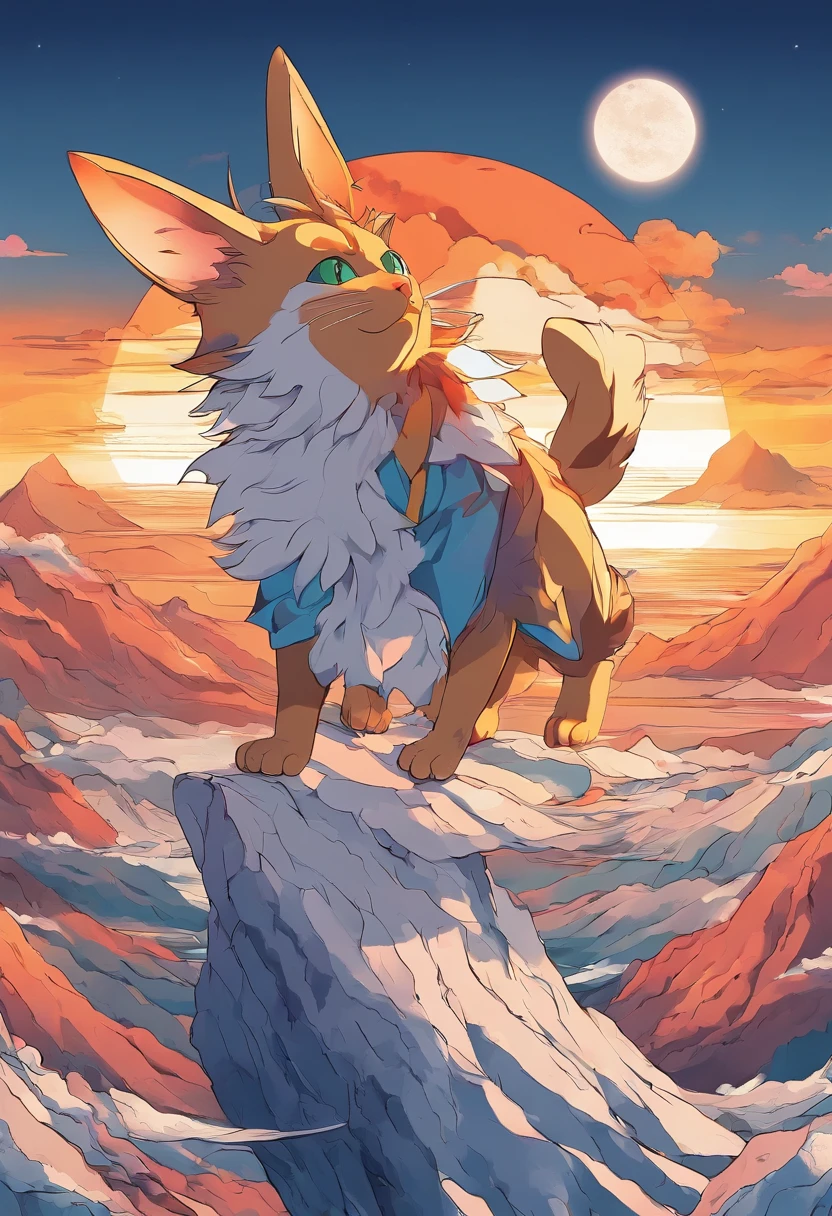goku cat version, 3D on top of a mountain with the sunset in the background, sea, ultra graphic.