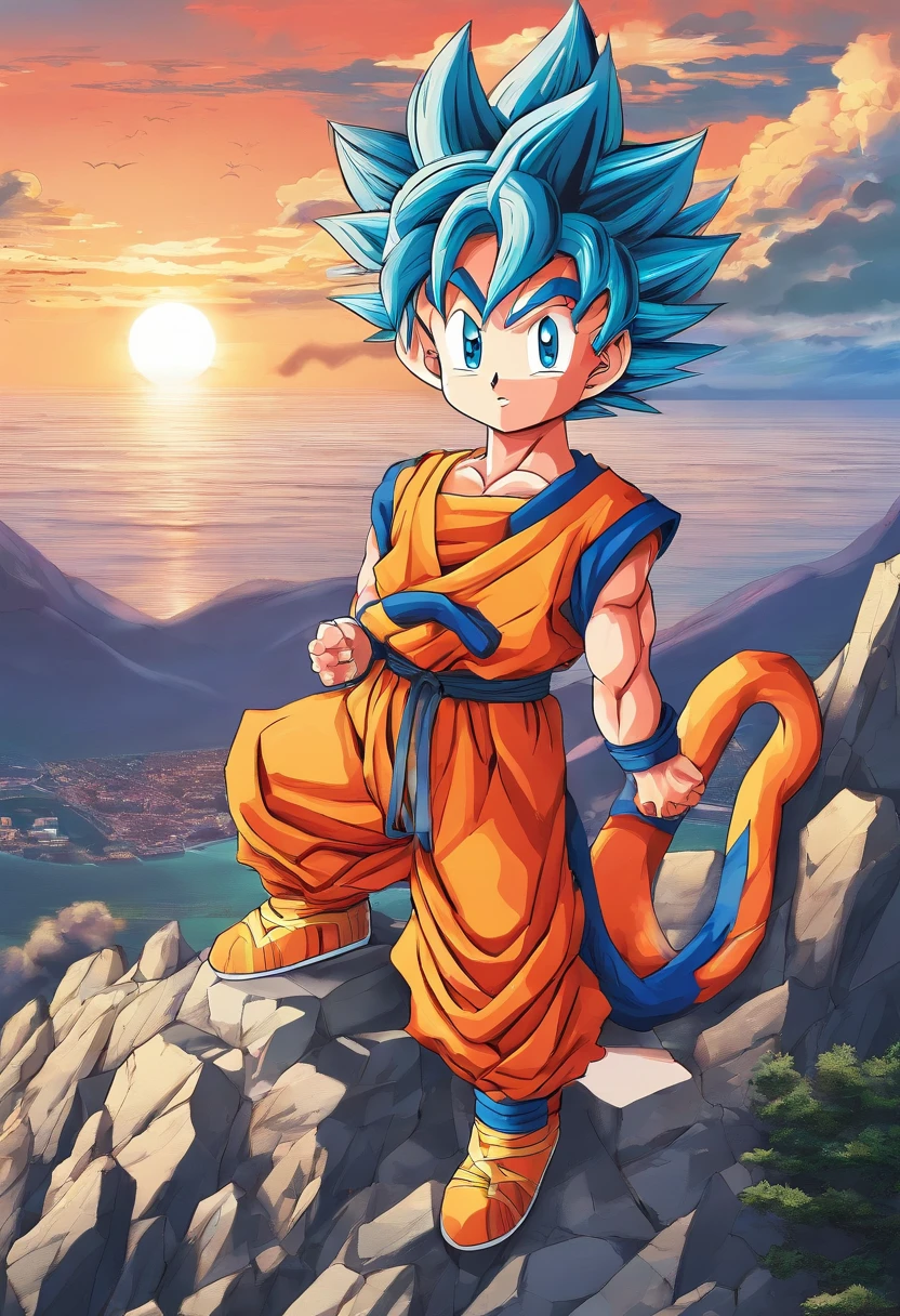 goku cat version, 3D on top of a mountain with the sunset in the background, sea, ultra graphic.
