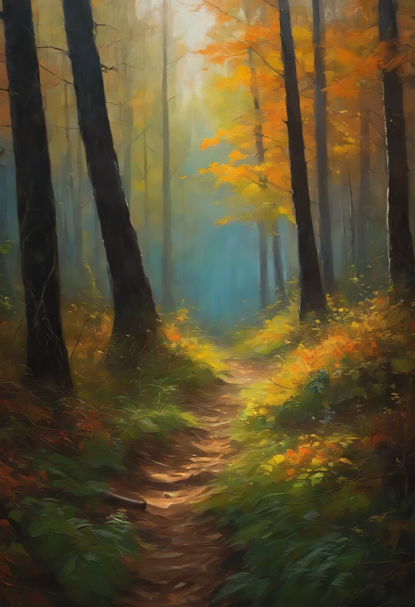 Oil knife-painting palette, detailed illustration, ((La mejor calidad, tmasterpiece)), Detalle extremo, 8k, un ciclista atravesando un bosque de pinos, The forest contains a slight fog and the sun passes through the trees.