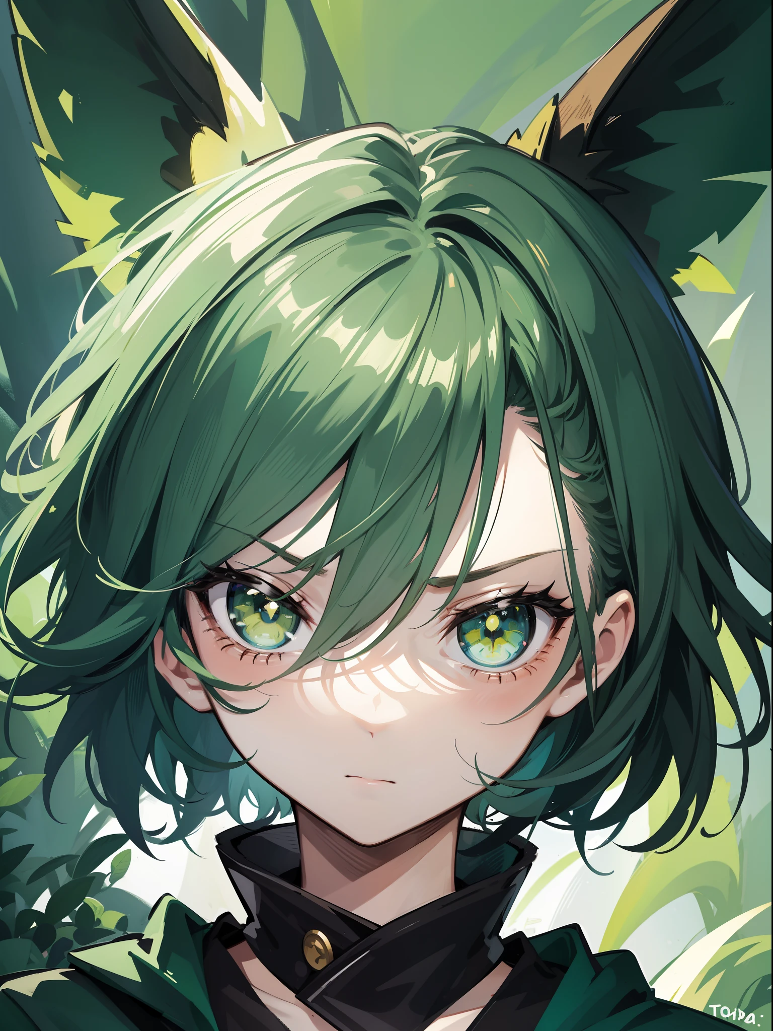 character portrait closeup,sketching,.tchibi, Green hair,Dark green pupils, tilts your head,avatar close up,Green forest background,Detailed facial depiction,lti ???,Fierce eyes,Back head,short detailed hair,Boy with combed hair