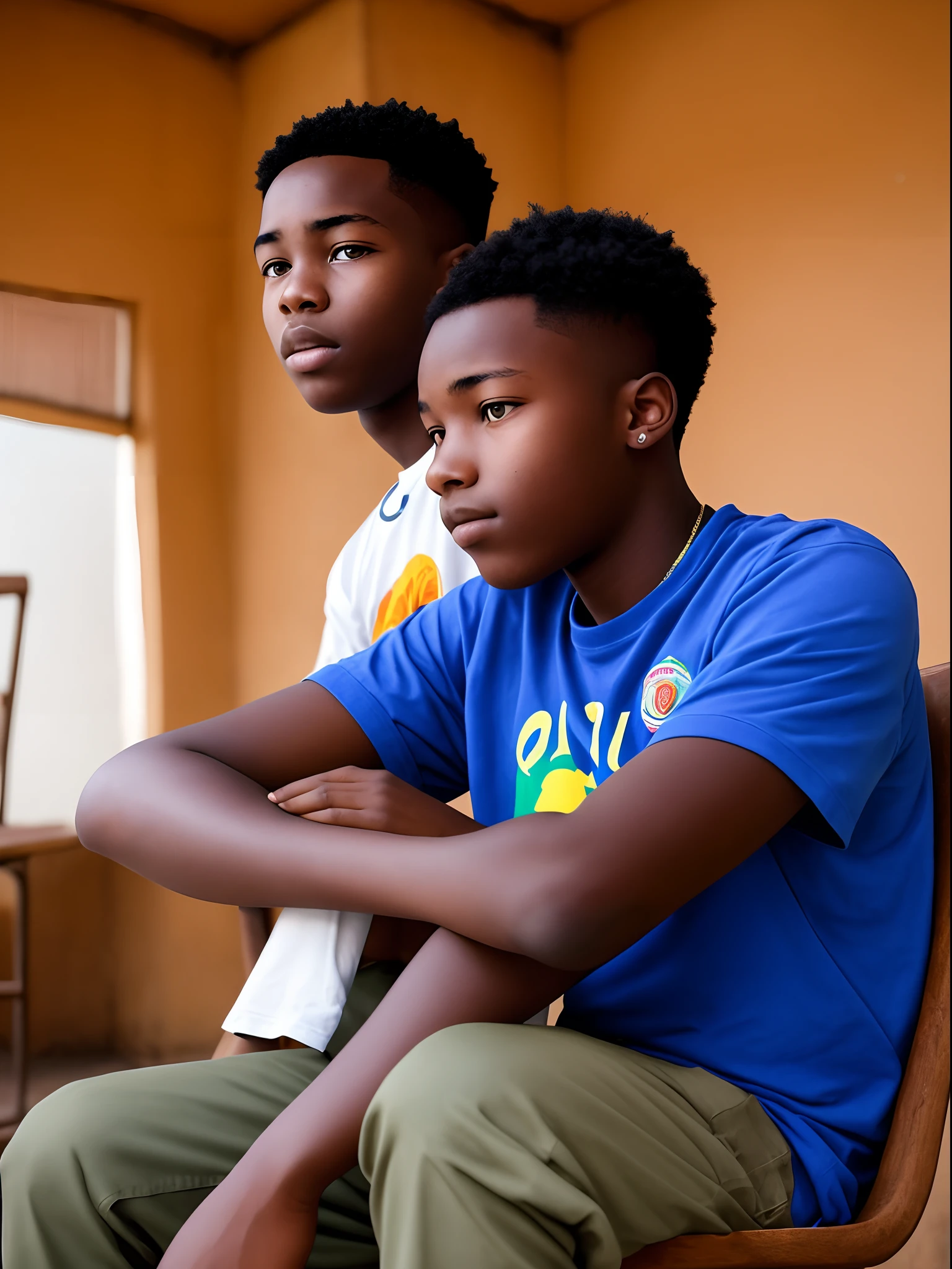 Make a picture of a Ghanaian boy , sitting on a chair , elbow on top of the table, and one hand placed under his jaw , in the mode of thinking about the future.