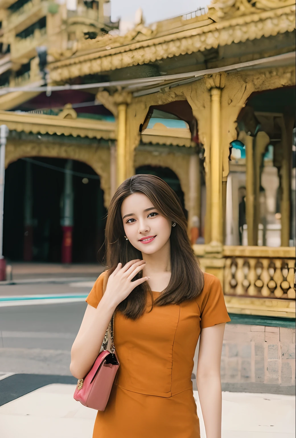 Walking on city streets, bandeau dress, wearing long gorgeous clothes, wearing pink flower long dress, shopping, in the city, highly detailed beautiful girl, highly detailed face, highly detailed eyes, highly detailed skin, highly detailed fingers, highly detailed nose, very detailed detailed mouth
