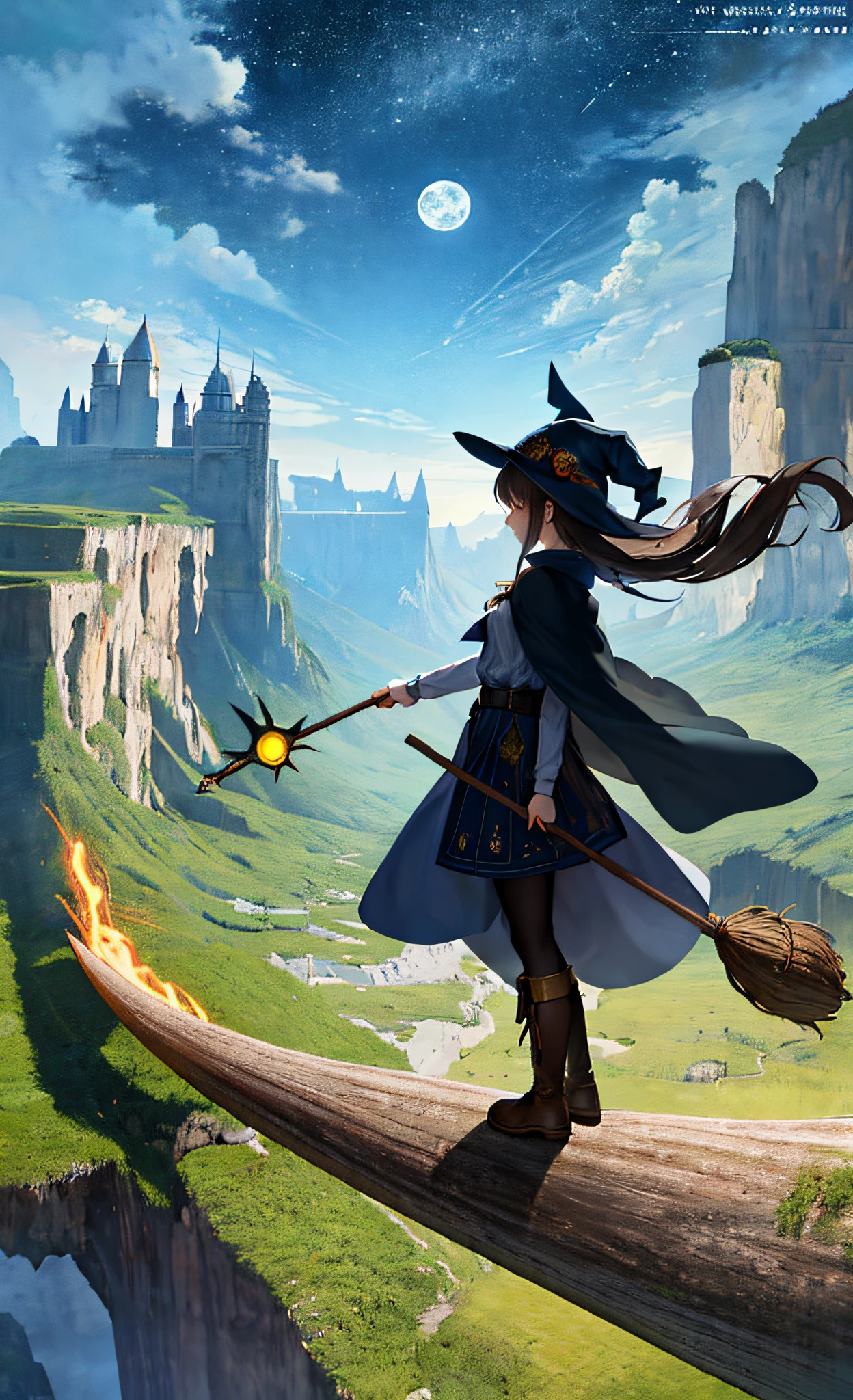 masterpiece, best quality, ultra-detailed, illustration, 1girl, solo, fantasy, flying, broom, night sky, outdoors, magic, spells, moon, stars, clouds, wind, hair, cape, hat, boots, broomstick, glowing, mysterious, enchanting, whimsical, playful, adventurous, freedom, wonder, imagination, determination, skill, speed, movement, energy, realism, naturalistic, figurative, representational, beauty, fantasy culture, mythology, fairy tales, folklore, legends, witches, wizards, magical creatures, fantasy worlds, composition, scale, foreground, middle ground, background, perspective, light, color, texture, detail, beauty, wonder.