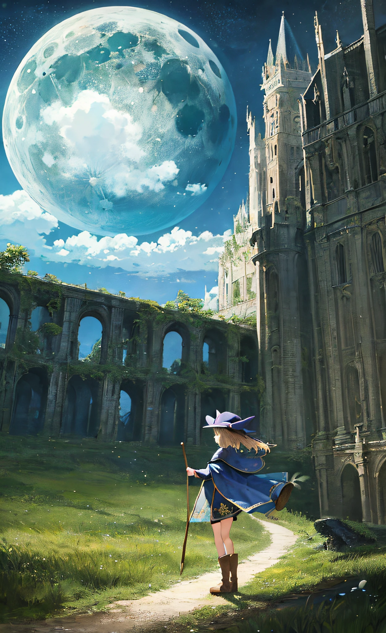 masterpiece, best quality, ultra-detailed, illustration, 1girl, solo, fantasy, flying, broom, night sky, outdoors, magic, spells, moon, stars, clouds, wind, hair, cape, hat, boots, broomstick, glowing, mysterious, enchanting, whimsical, playful, adventurous, freedom, wonder, imagination, determination, skill, speed, movement, energy, realism, naturalistic, figurative, representational, beauty, fantasy culture, mythology, fairy tales, folklore, legends, witches, wizards, magical creatures, fantasy worlds, composition, scale, foreground, middle ground, background, perspective, light, color, texture, detail, beauty, wonder.