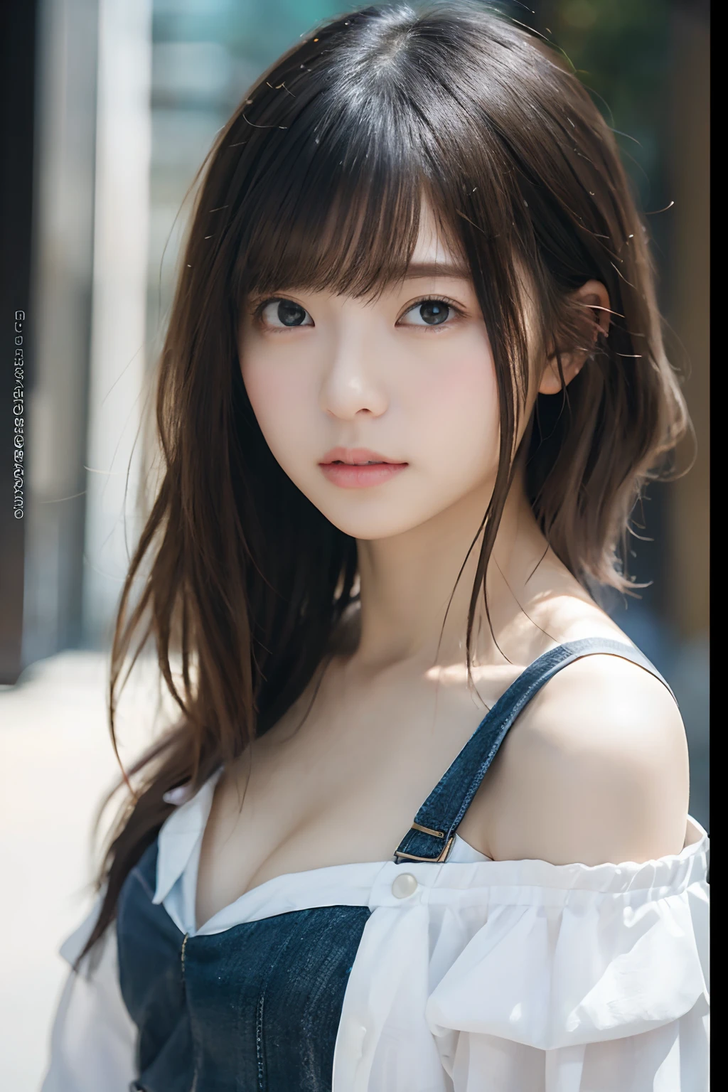 A masterpie、best qualiy, 1girls, (Skindentation), {{Too huge breasts!!}}, (days), well lit, blured background, (street:0.6), (Braided bangs, hair wavy:1.5), (see-through shirts:1.8), (negligee:1.8),gorgeou, (Floating hair:1.2), (dinamic pose:1.8), Soft lighting,