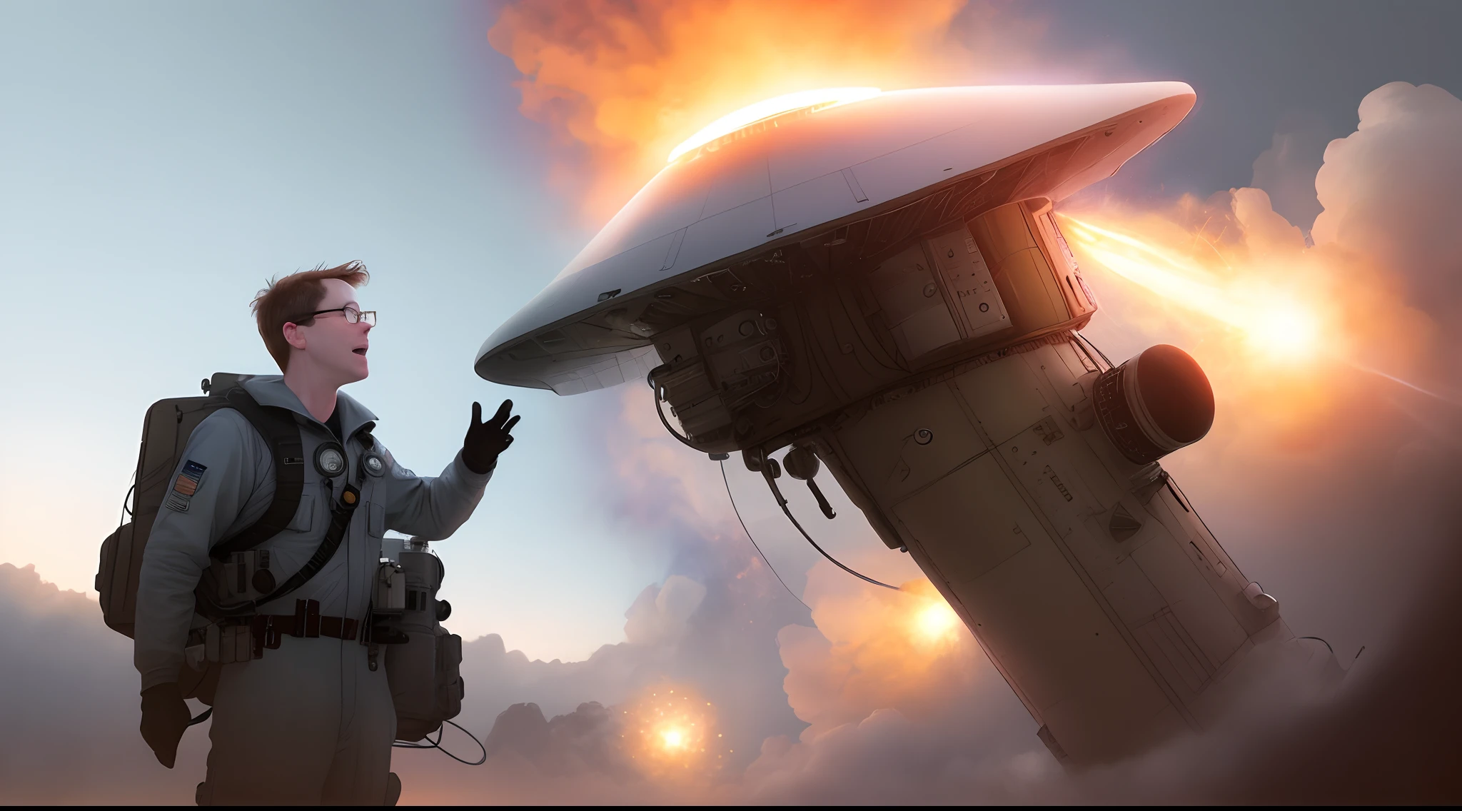 "Illustrate the moment when Bob Lazar claimed to have witnessed the first test flight of a UFO powered by Element 115."