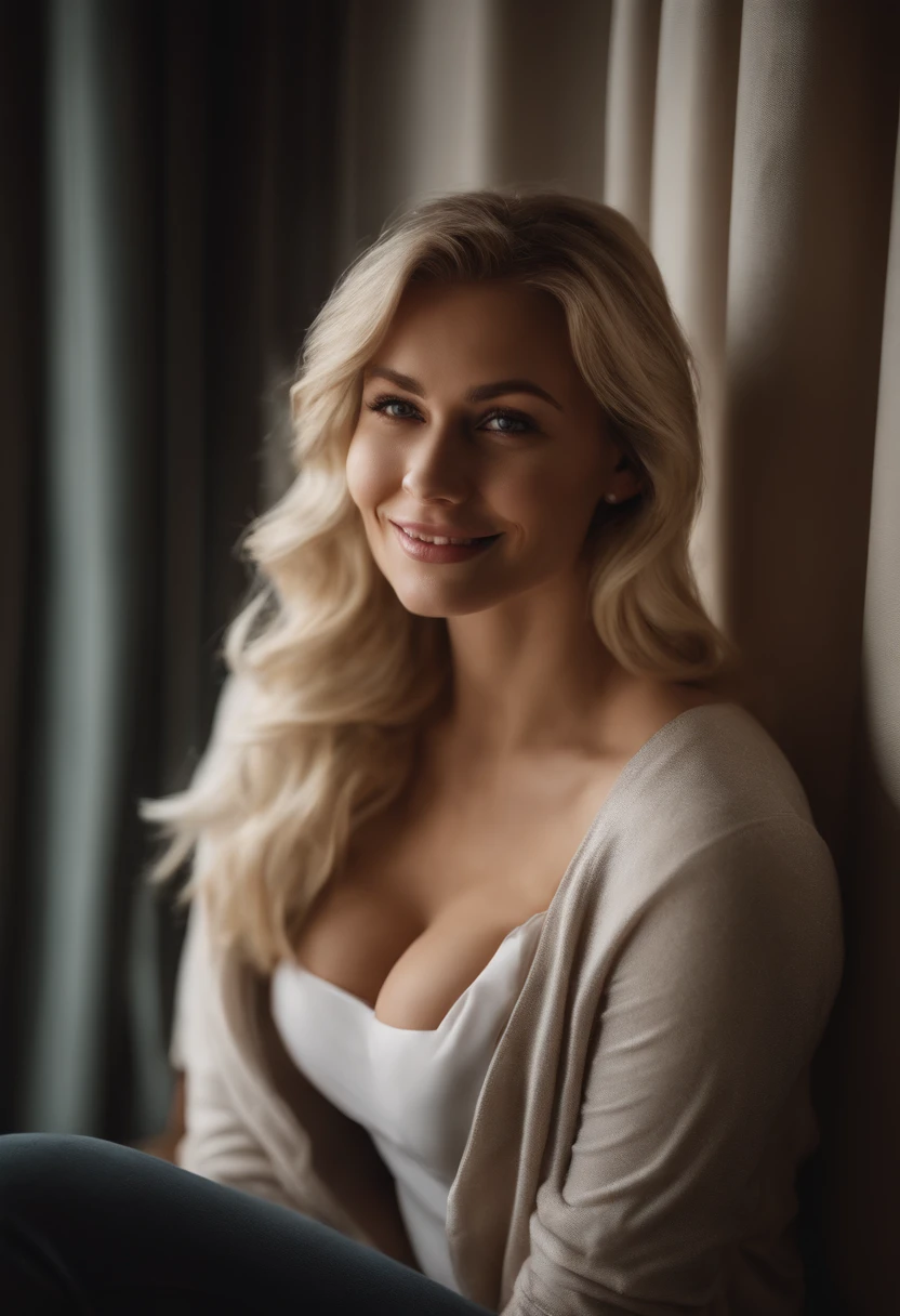 Professional and studio photography of a blonde with big breasts, in a hotel room with good light, smiling shyly