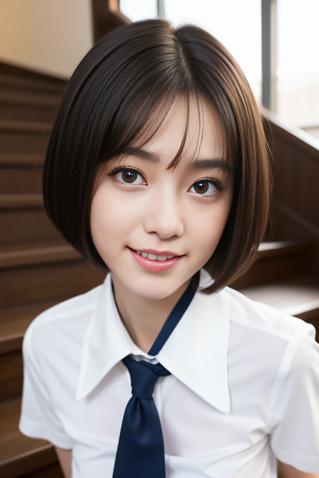 Korean School Uniform，Summer Uniform Shirts，Ribbon Ties，skirt by the，school classrooms，School stairs，Chest thrusting pose，8K raw photos，hight resolution，-yeld Kon，very large round breasts，，beautiful eyes in detail，long eyelasher，beautiful double eyelid，eyeshadows，eye line，elongated eyes，elongated eye shape，Sanpaku eyes，evil smile，Evil expressions，beautiful and very thin legs， beautiful and very thin thighs，Random short hair，Hair tied at the back of the head，耳Nipple Ring，Bright blonde hair，Have sex with men，Conducting mating