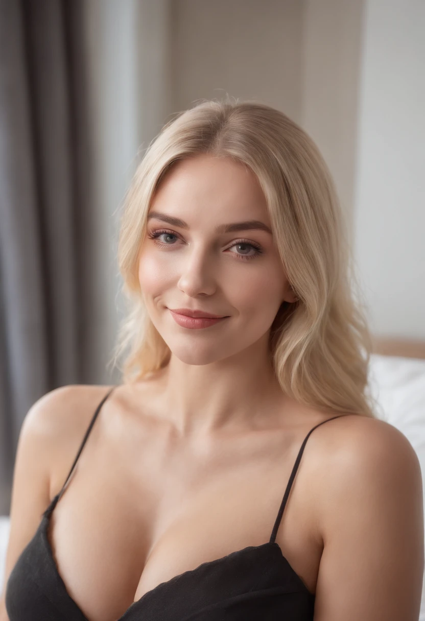 Professional and studio photography of a blonde with big breasts, in a hotel room with good light, smiling shyly