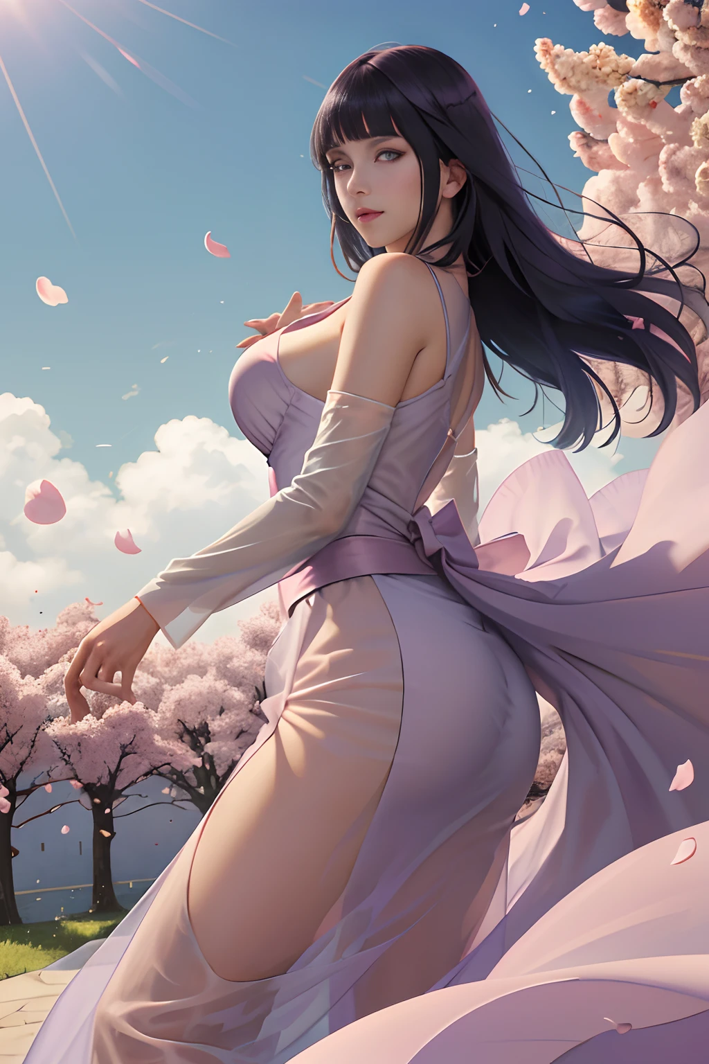 masterpiece, absurdres, hinata\(boruto\), 1girl, solo,mature female, purple flowing satin dress, transparent body, outdoors,lavender flower field, looking at viewer, (falling petals), cloudy sky, perfect composition, detailed lips, big breast, beautiful face, body propotion, blush, (pink lips), long hair, purple eyes, soft gaze, sad smile, super realistic, detailed, photoshoot, realistic face and body, realistic hair, realistic eyes, realistic nose, realistic lips, ((erect, emerge, streak)), butt to camera, (long skirt), tight dress