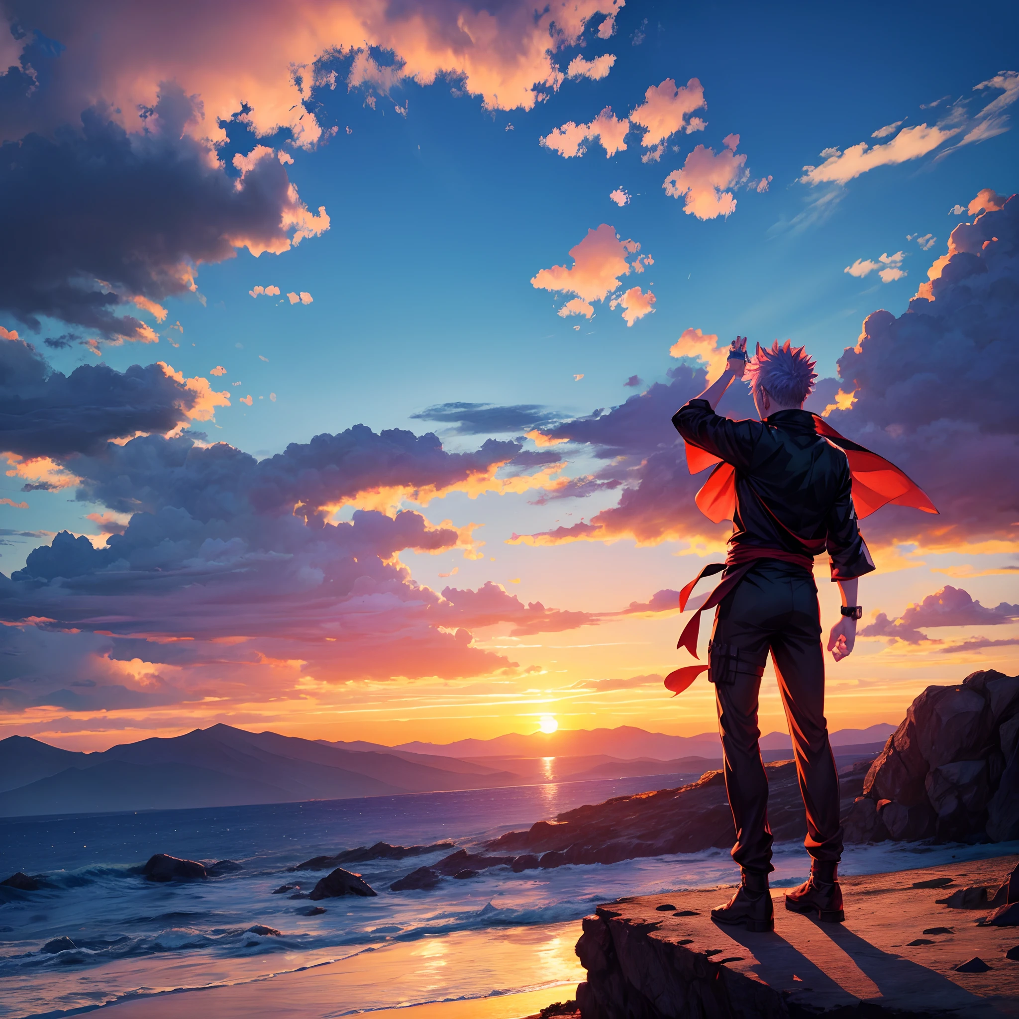 Sukuna Jujutsu kaisen 3D on top of a mountain with the sunset in the background, sea, ultra graphic.