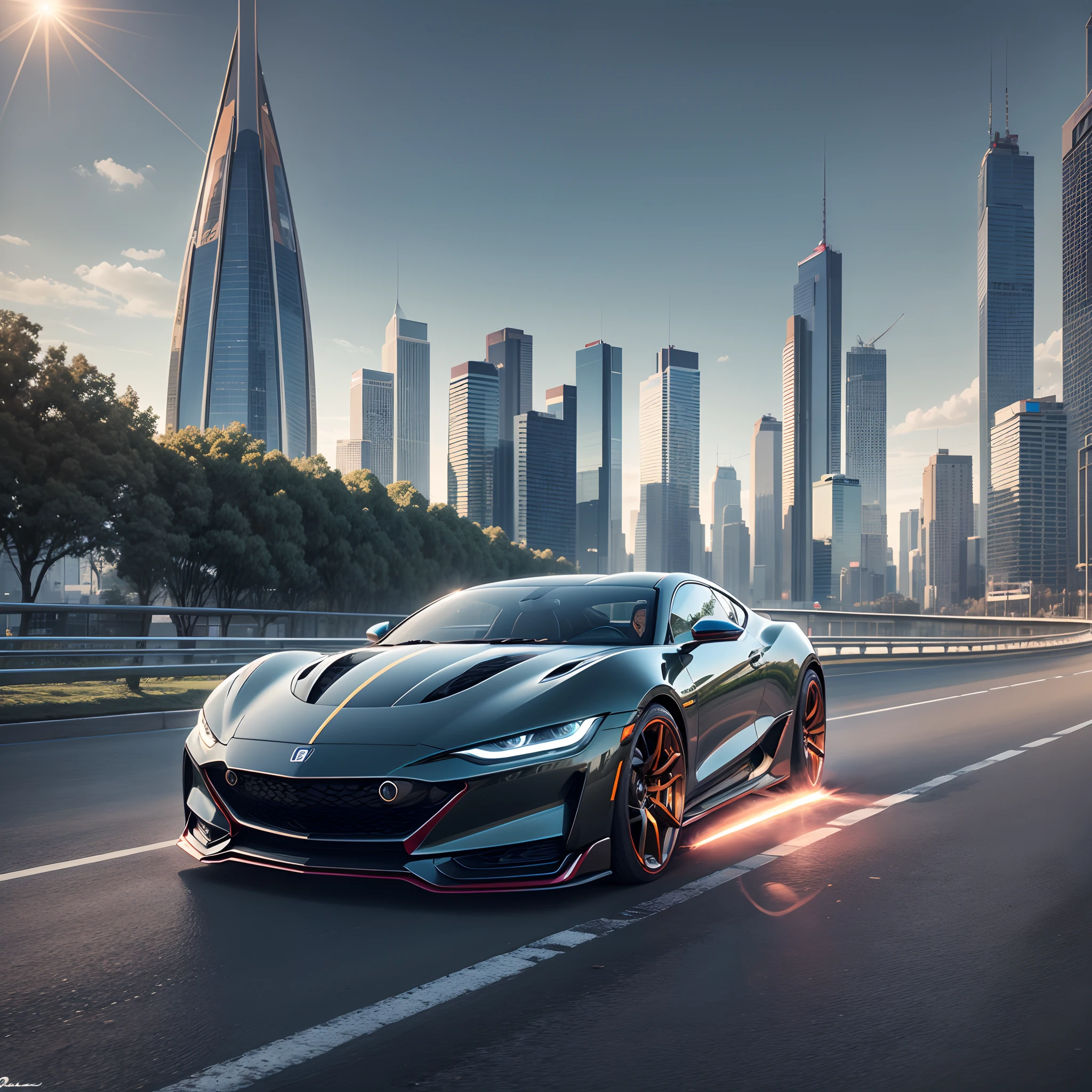 Carro futurista em uma cidade futurista, qualidade uhd, altamente realista --auto --s2