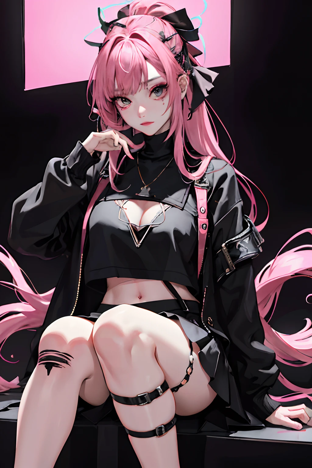 (masuter piece:1.2、top-quality)、(Live action、Intricate details)、(1lady、独奏、The upper part of the body、Colossal tits) garments: Edgy、Black jumper、Pink mini skirt、Avant-garde、Experimental appearance: Long pink hair、Dramatic makeup、Unconventional fashion choices behavior: Rebel、Runaway Ladies Leader、secretary-general、Black jumper、Pink mini skirt、Anti-system、Provocative Location: urban art district、Underground Music Scene Hobbies: Bad girl、Create mixed media art、Experiment with different subcultures values: individuality、authenticity、Creative Expression Inspiration: Runaway Ladies Leader、secretary-general、Counterculture icons、Nature: boldness、Unconventional。