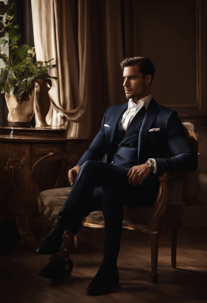 Personaje sentado en una silla con el brazo levantado, Cabello OSCURO (Cabello hasta el cuello atado en una cola de caballo), Buena pose, Hombre guapo, cara bonita, Pose real elegante, Hombre de negocios, (En un blazer a rayas), (The surrounding environment is a luxurious and classic living room) (Imagen de tono arena)