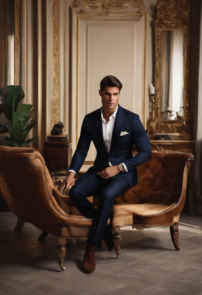Personaje sentado en una silla con el brazo levantado, Cabello OSCURO (Cabello hasta el cuello atado en una cola de caballo), Buena pose, Hombre guapo, cara bonita, Pose real elegante, Hombre de negocios, (En un blazer a rayas), (The surrounding environment is a luxurious and classic living room) (Imagen de tono arena)