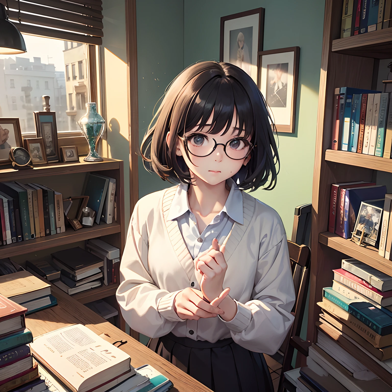 masterpiece、top-quality、High-quality images、hight resolution、8K、1lady、Photorealsitic、detaileds、Detailed eye depiction、skin gloss、Lustrous hair、((Black short-haired、More disheveled hair、I'm wearing round glasses、Emotional manifestation:1.3))、Narrow old room、many bookshelves、Books piled on the floor、Pile of used books、Its name is Monaca Kashino、obedient character、Not very confident、real face、care、Good posture、Long skirt、Cardigans in muted colors、bare-legged、 Coming home from work、 That?Why don't you open Instagram and upload a picture of Monacachan??When the book comes out、I want to attract fans who will buy it.、If you don't mind making Instagram, raise one hand