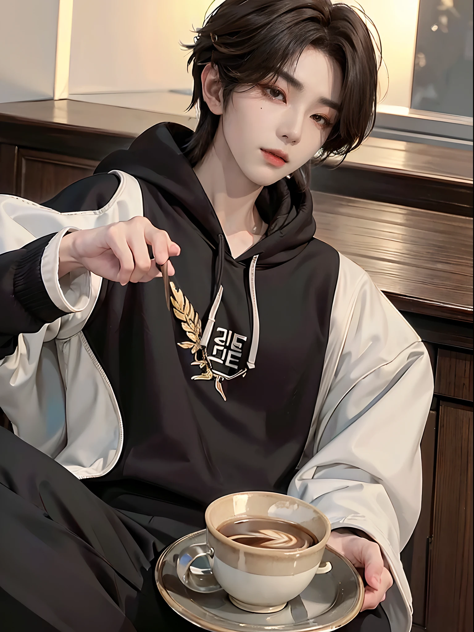 ((4K works))、masterpiece、(top-quality)、((high-level image quality))、((One Manly Boy))、Slim body、((Stylish black hoodie))、(Detailed beautiful eyes)、In a stylish kitchen、Serve coffee、Face similar to Chaewon in Ruseraphim、((short hair above the ears))、((Smaller face))、((Neutral face))、((Light brown eyes))、((Korean boy))、((18year old))、((Handsome man))、((Wild look))、((Korean Makeup))、((elongated and sharp eyes))、((Happy dating))、((Give your audience a cup of coffee))、((Only the upper part of the body is visible))、(((selfie photo)))、((Face zoom up))、((Face enhancement))、((Focus zoom in))