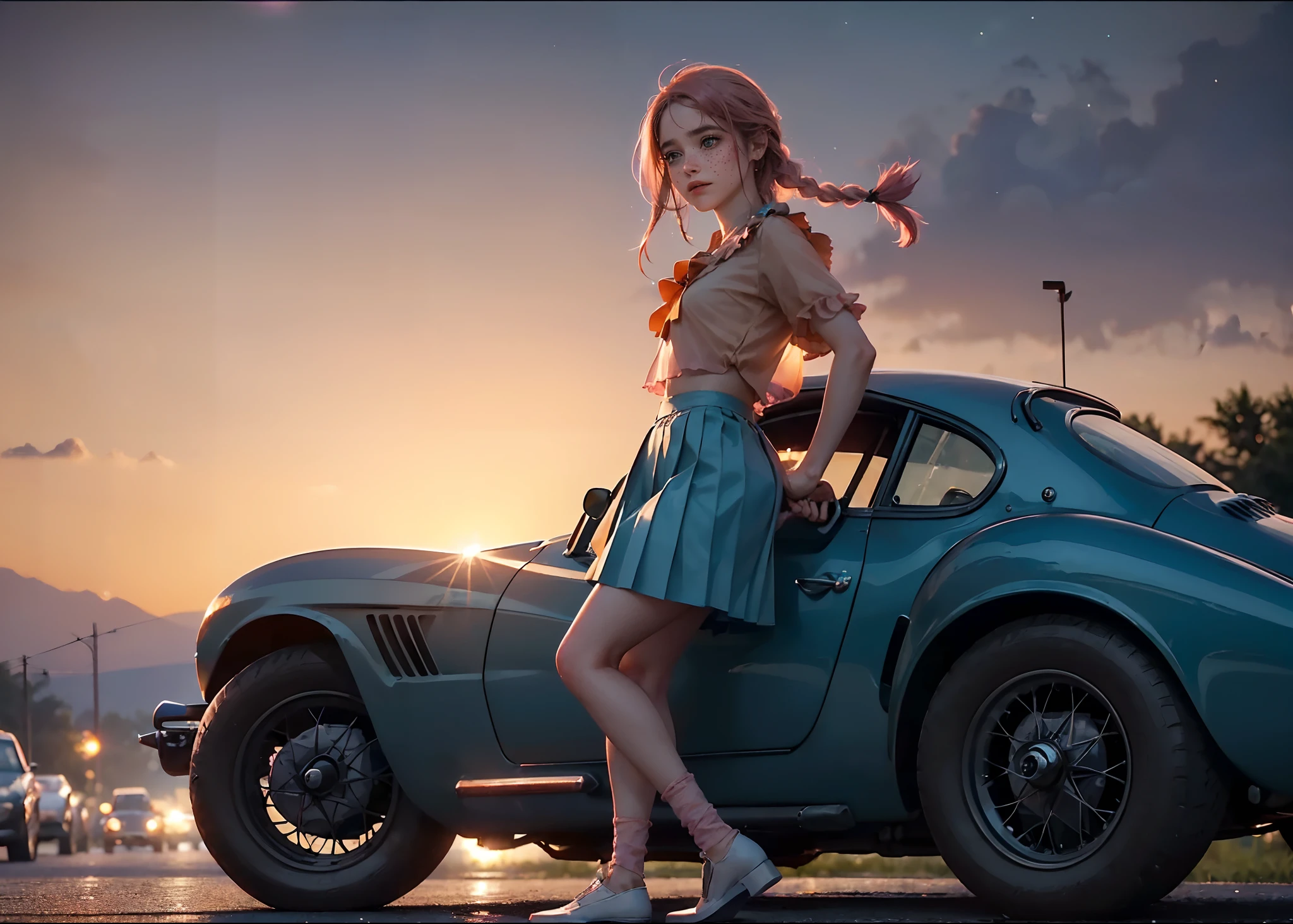 (a girl stand leaning againts front a vintage sport car:1.5), girl focus, areolas, ((see through white frilly shirt:1.3), full body, (dark_blue pleated skirt:1.2), (sweaty, see through)), (panty stretched:1.2), 25 years old, (beautiful sunset sky), (village, sunset, orange teal colour grading background:1.5), ((small chest, slim, thin body)), (photography, realistic, bokeh, blur, from below), ((pink hair, side braid)), (cenimatic lights, soft lights, detailed lighting:1.3)