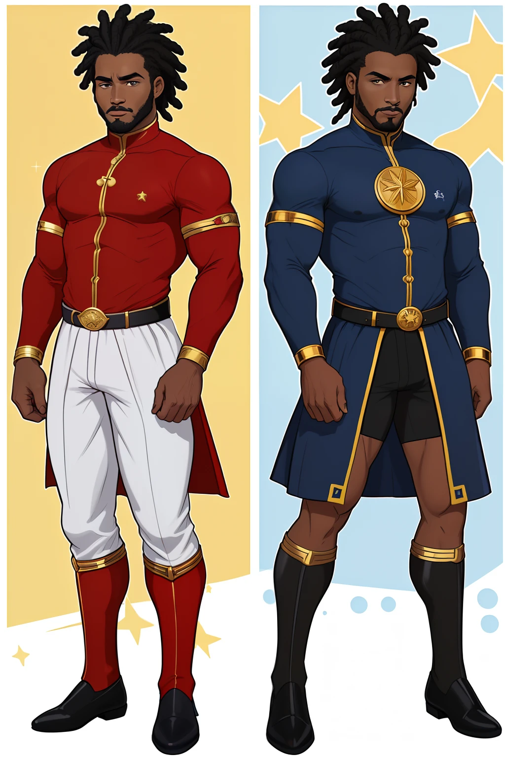 (( Moreno, imagem de um ninja negro de cabelo afro cabelo caindo para frente, Rasta type but braided, Estilo Art Vista de Corpo Inteiro, plano completo, vista frontal, Vista lateral, vista traseira, de personagem, Multiple views and poses, various points of view, um personagem, corpo inteiro, personagem com menos, estilo de roupa, no mesmo Estilo de cabelo, less Type of footwear, strong full-body vision, plano completo, vista frontal, vista traseira, design de personagem, Multiple views and poses, various points of view, de um personagem, corpo inteiro,, personagem com mesmo, estilo de roupa, no mesmo Estilo de cabelo, same type of footwearThe route follows the cores of the Cape Verde flag. The top is deep blue, simbolizando o oceano que cerca as ilhas. The chest and the central part are white, representando a paz e a unidade do povo cabo-verdiano. The sleeves and legs are red, denoting determination and spirit, do 10 Estrelas Douradas, : Ten gold stars are prominently displayed at the top of the costume, ao longo do peito e ombros, representando as 10 principais ilhas de Cabo Verde. Cada estrela, It is carefully detailed and shines brightly against the background Star Belt A wide belt, also golden, is used in From))